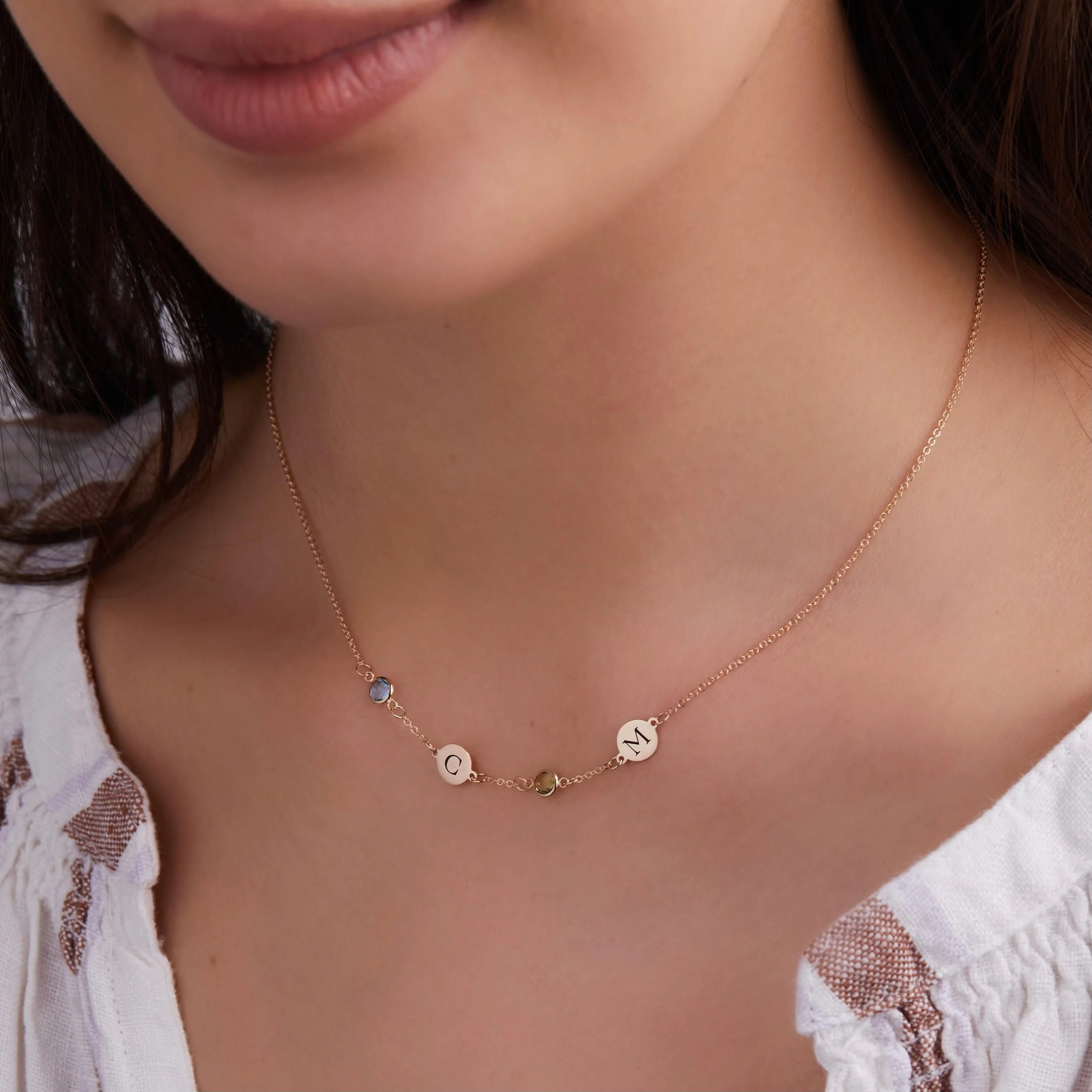 2 Letter & 2 Petite Birthstone Necklace in 14k Gold (Single Spacing) - Image 3