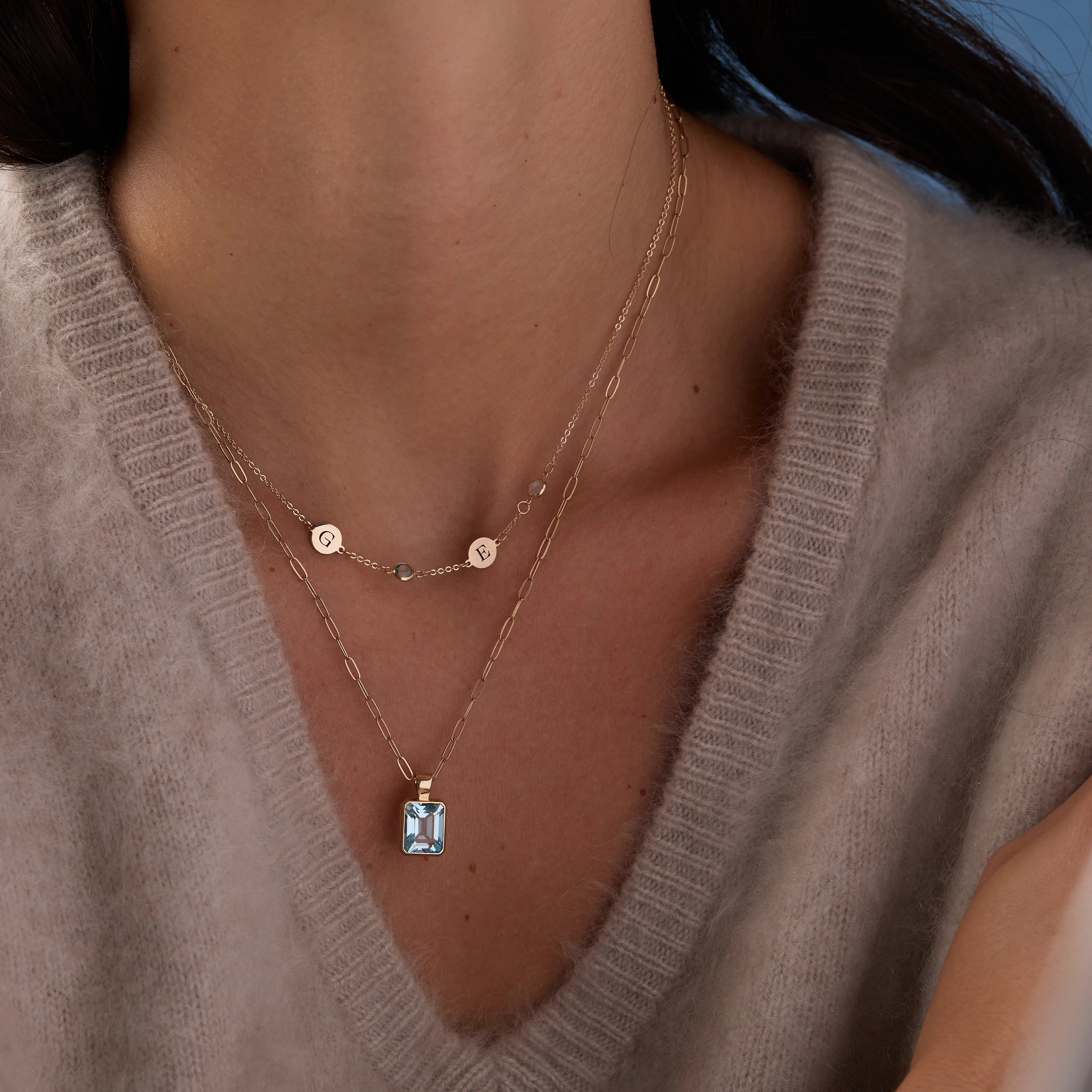 2 Letter & 2 Petite Birthstone Necklace in 14k Gold (Single Spacing) - Image 6