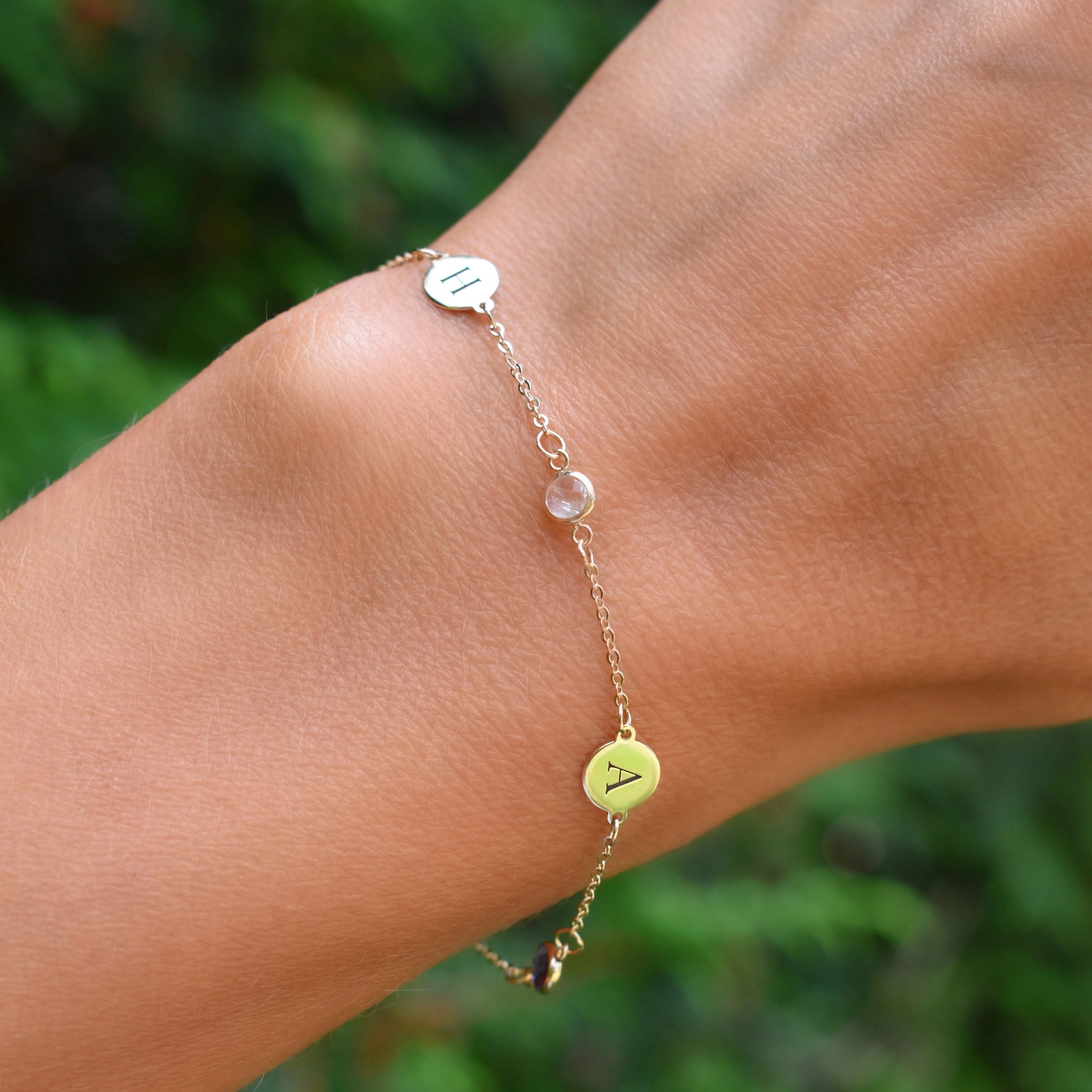 2 Letter & 3 Petite Birthstone Bracelet in 14k Gold - Image 3