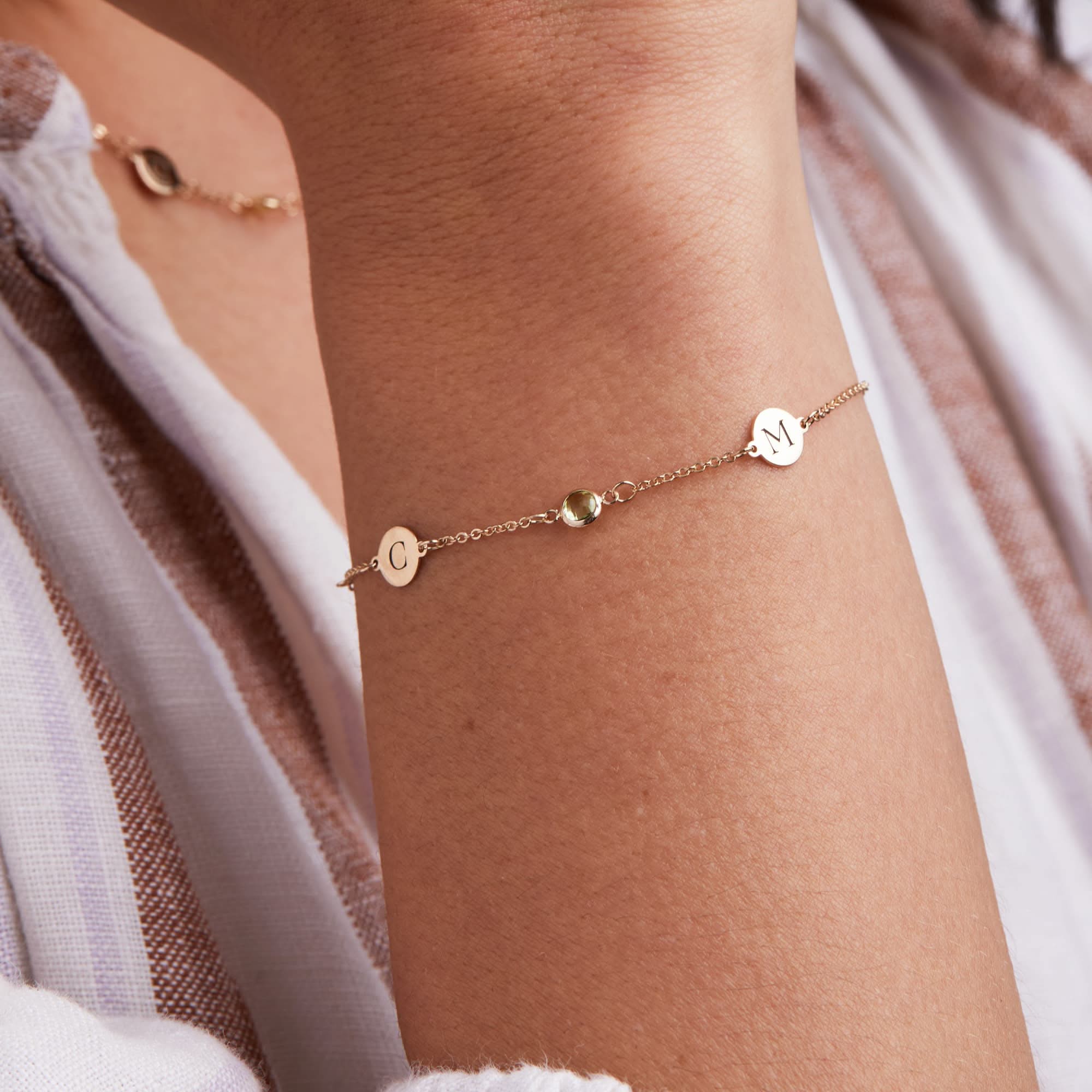 3 Letter & 2 Petite Birthstone Bracelet in 14k Gold - Image 3