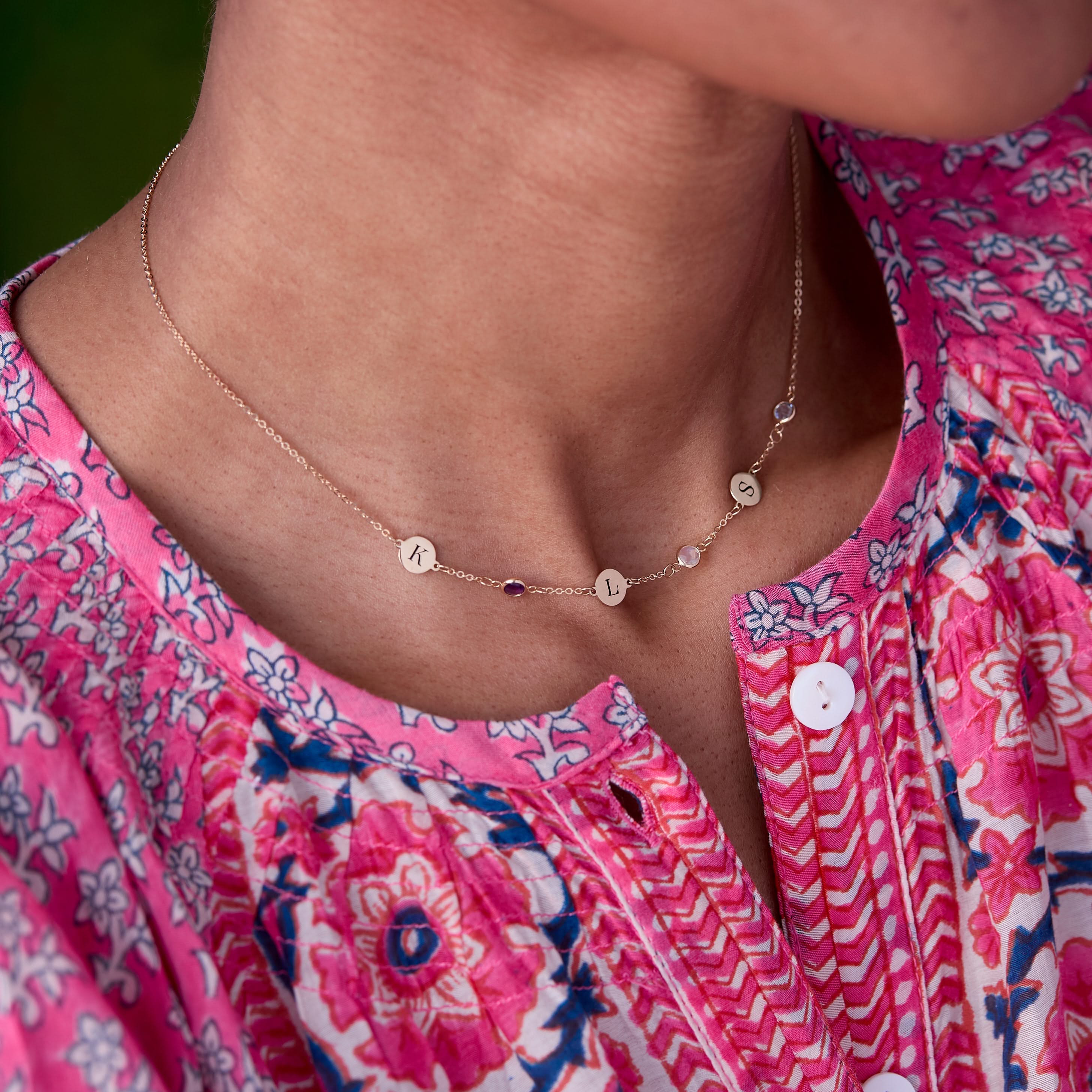 3 Letter & 3 Petite Birthstone Necklace in 14k Gold (Single Spacing) - Image 3