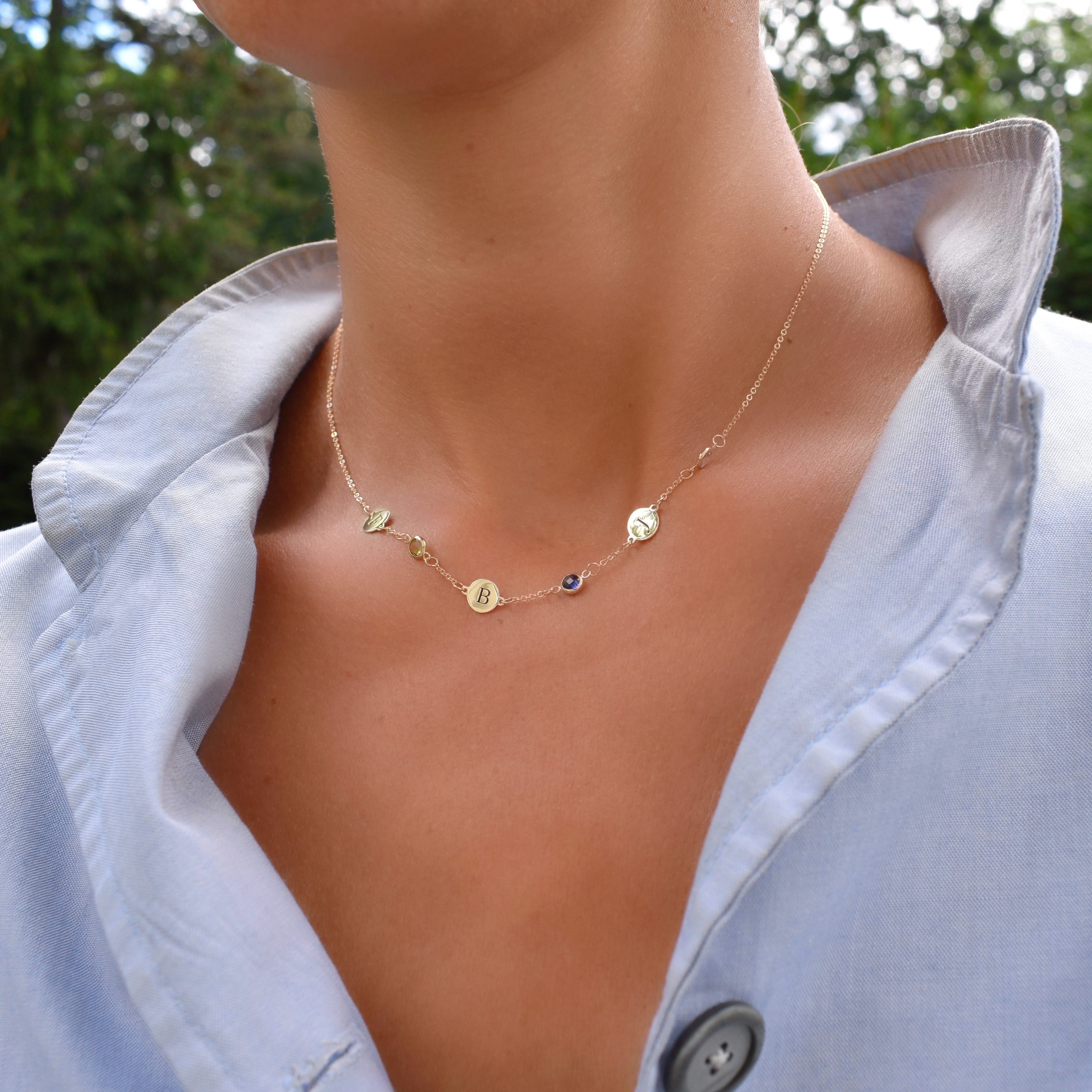 3 Letter & 3 Petite Birthstone Necklace in 14k Gold (Single Spacing) - Image 7