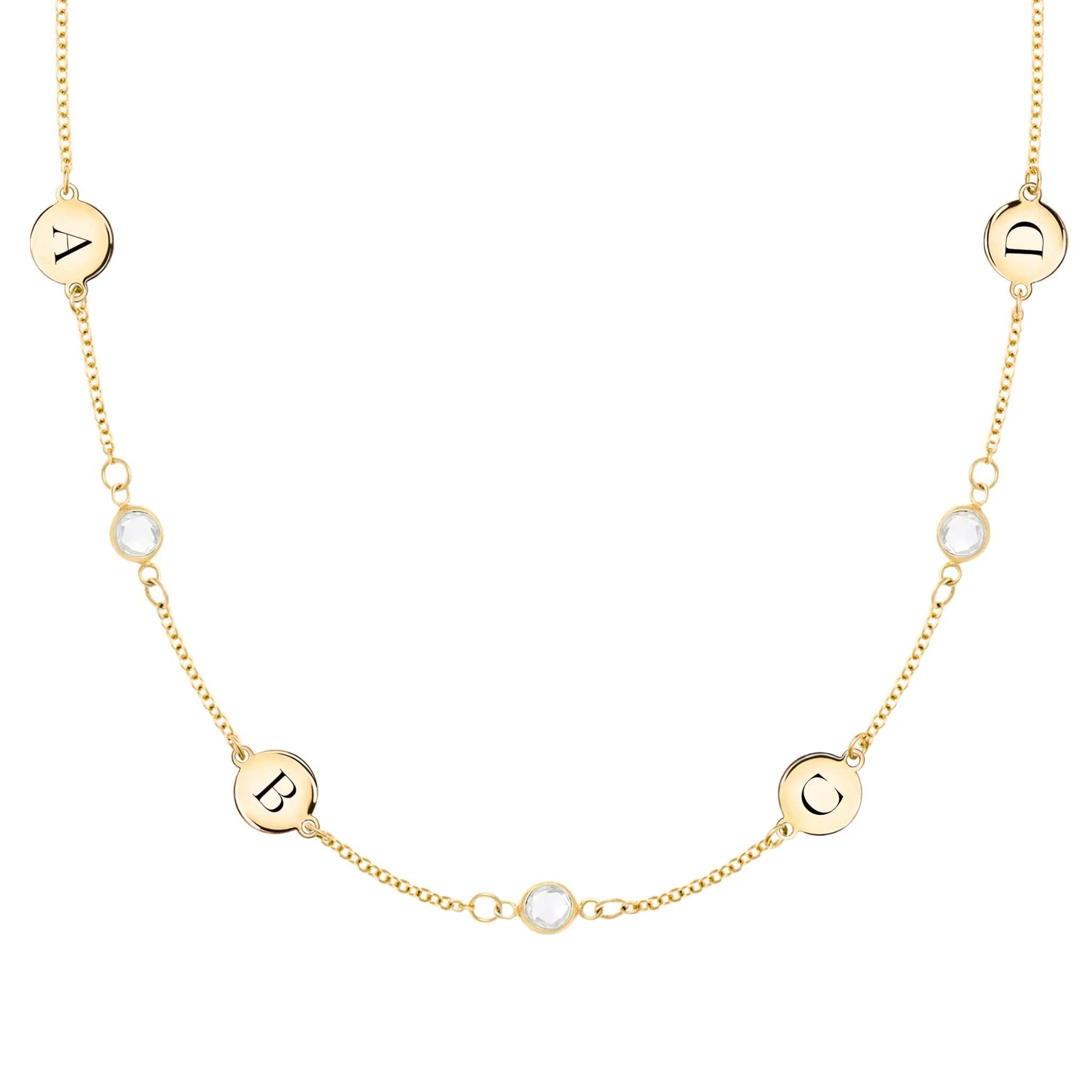 4 Letter & 3 Petite Birthstone Necklace in 14k Gold (Double Spacing)
