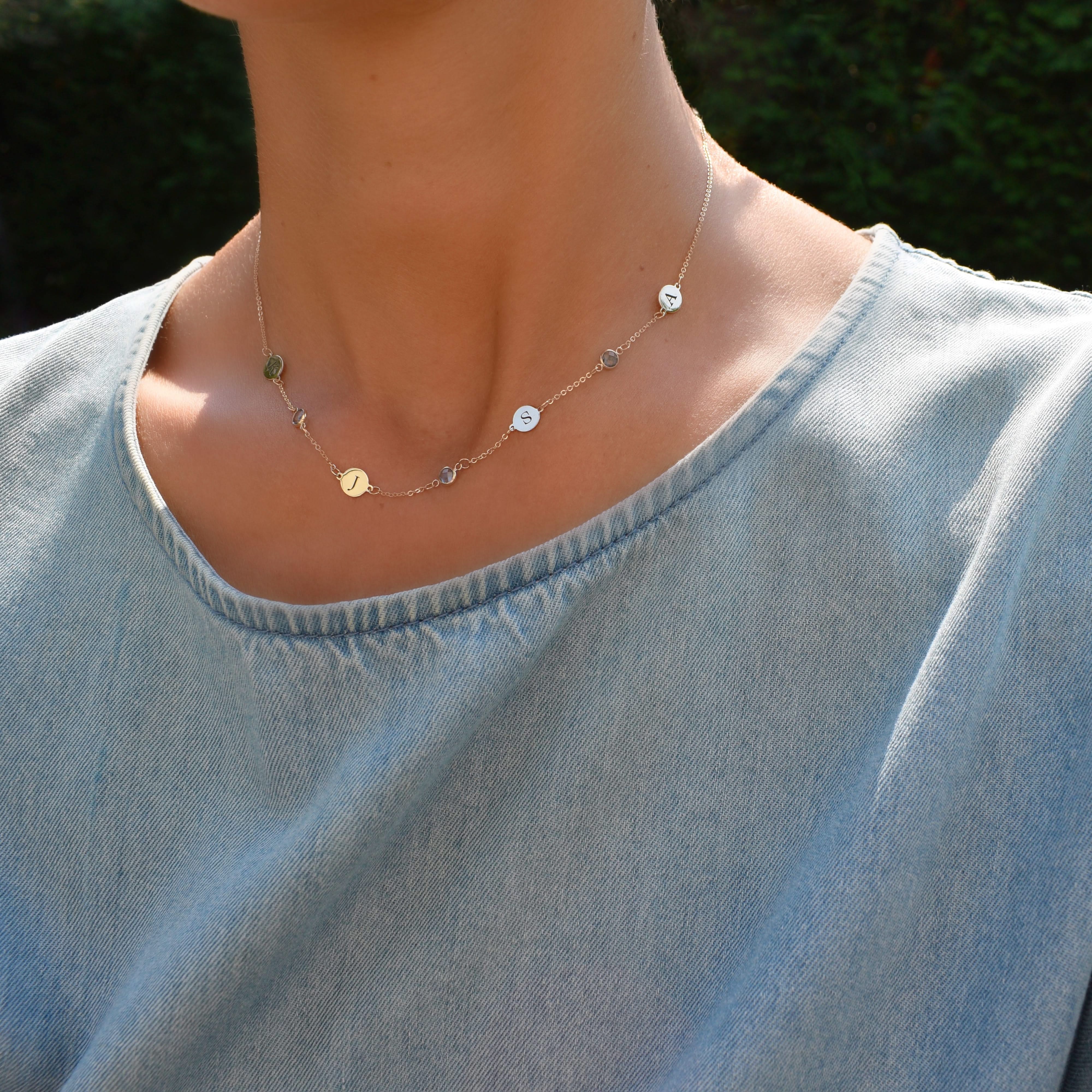 4 Letter & 3 Petite Birthstone Necklace in 14k Gold (Double Spacing) - Image 2