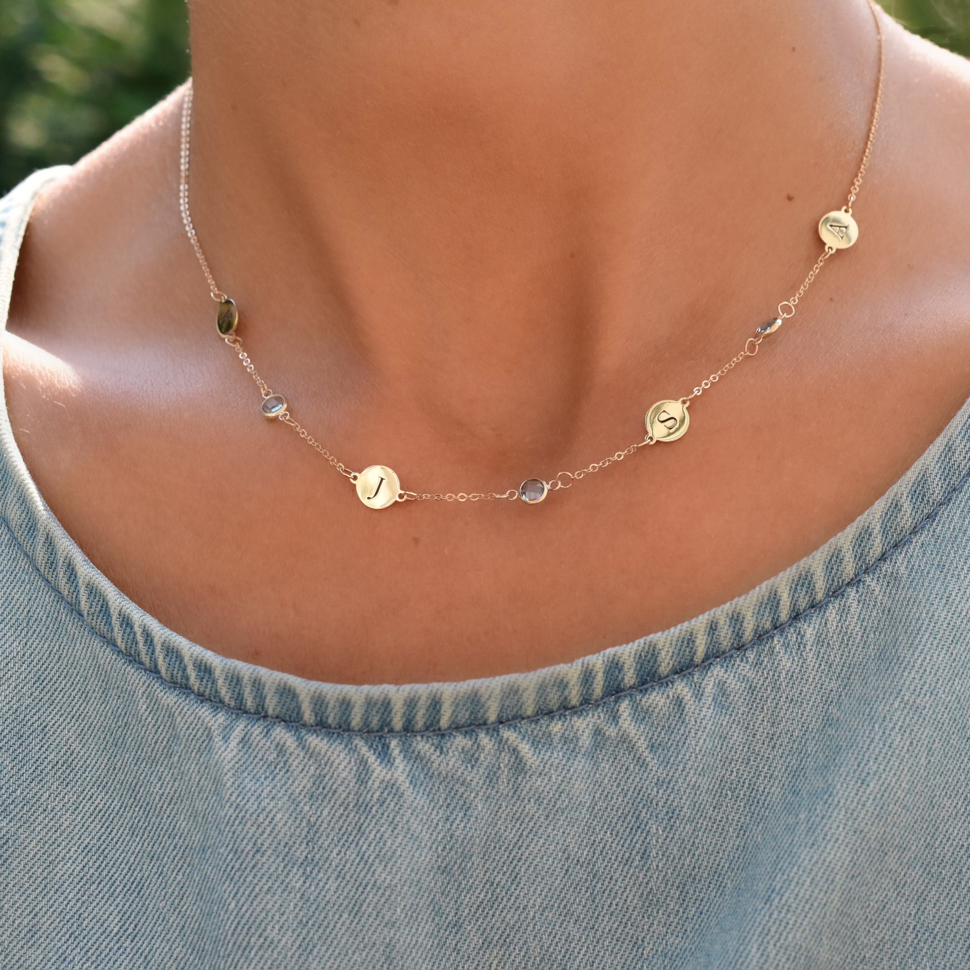 4 Letter & 3 Petite Birthstone Necklace in 14k Gold (Double Spacing) - Image 3