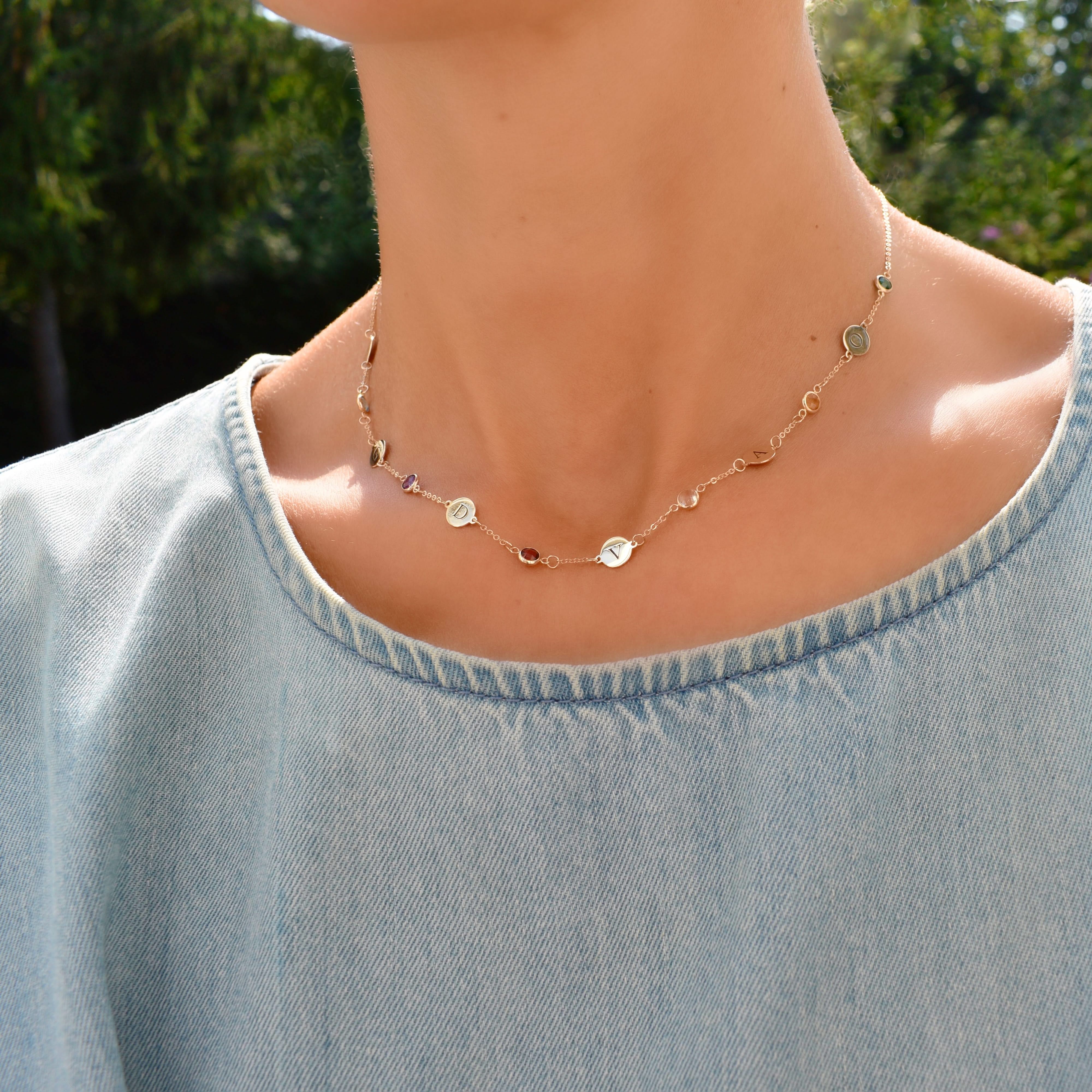 6 Letter & 6 Petite Birthstone Necklace in 14k Gold (Single Spacing) - Image 2