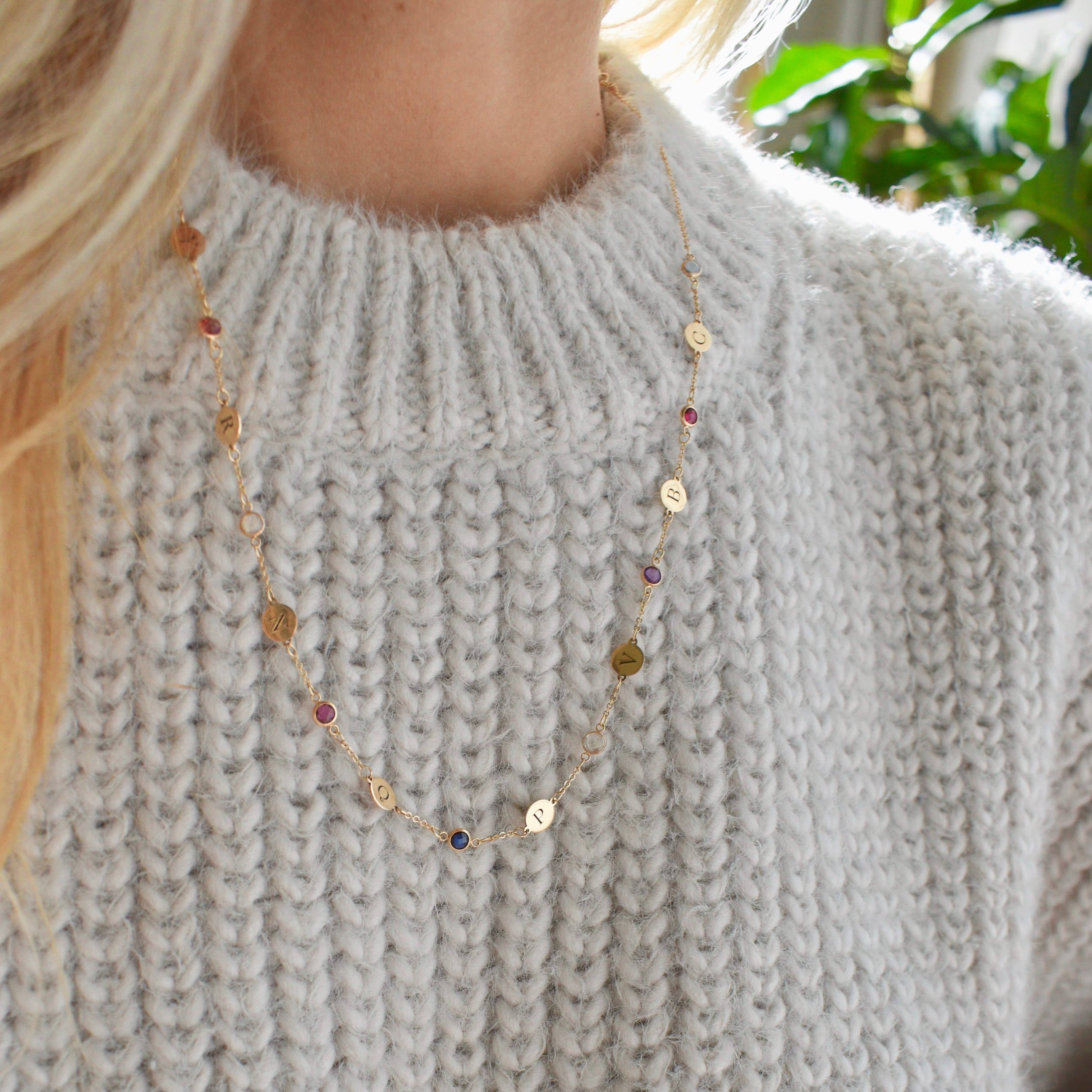 8 Letter & 8 Petite Birthstone Necklace in 14k Gold (Single Spacing) - Image 2