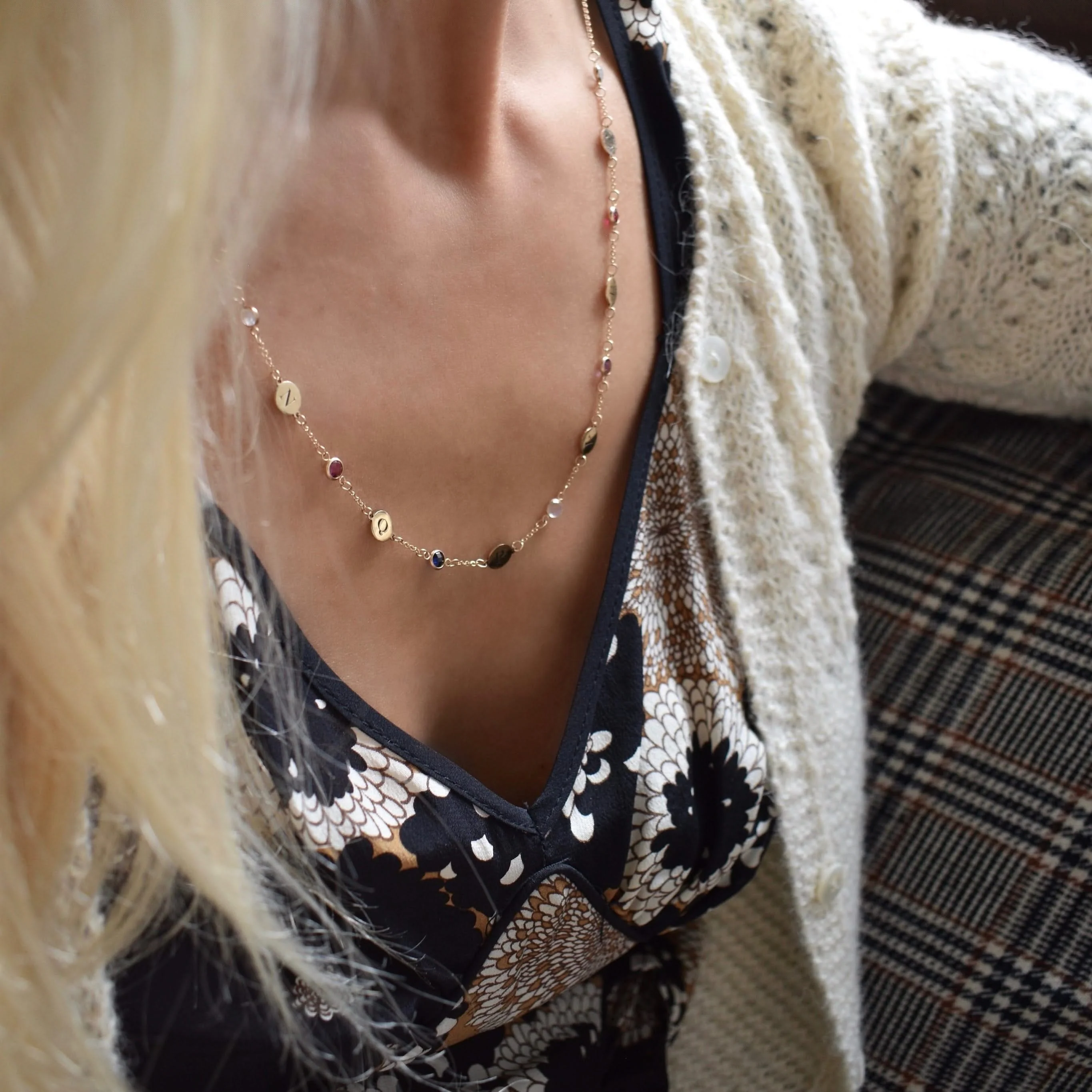 9 Letter & 9 Petite Birthstone Necklace in 14k Gold (Single Spacing) - Image 3