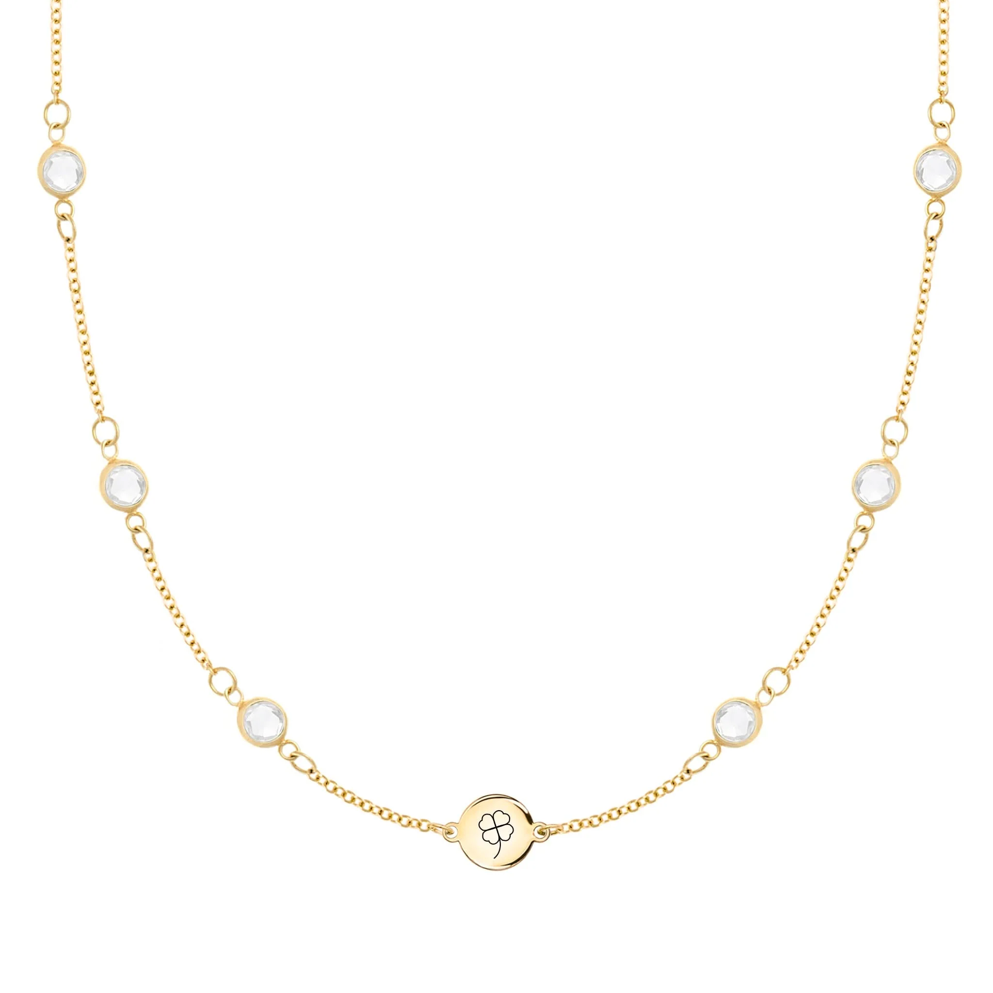 Clover Disc & Petite 6 Birthstone Necklace in 14k Gold