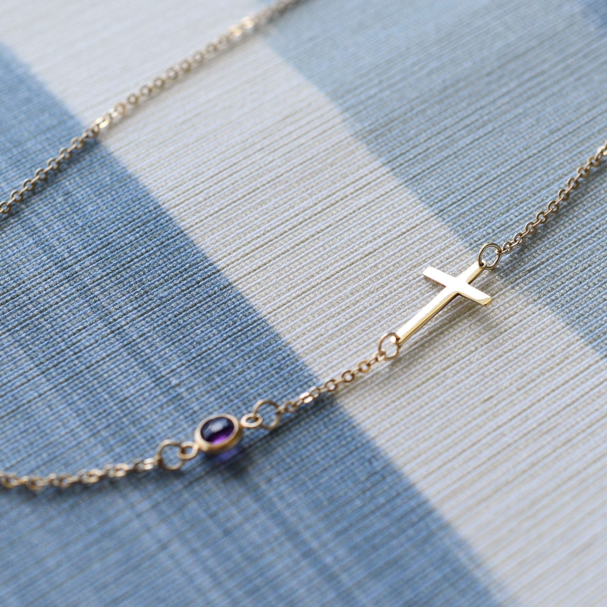 Cross & Petite 1 Birthstone Bracelet in 14k Gold - Image 9