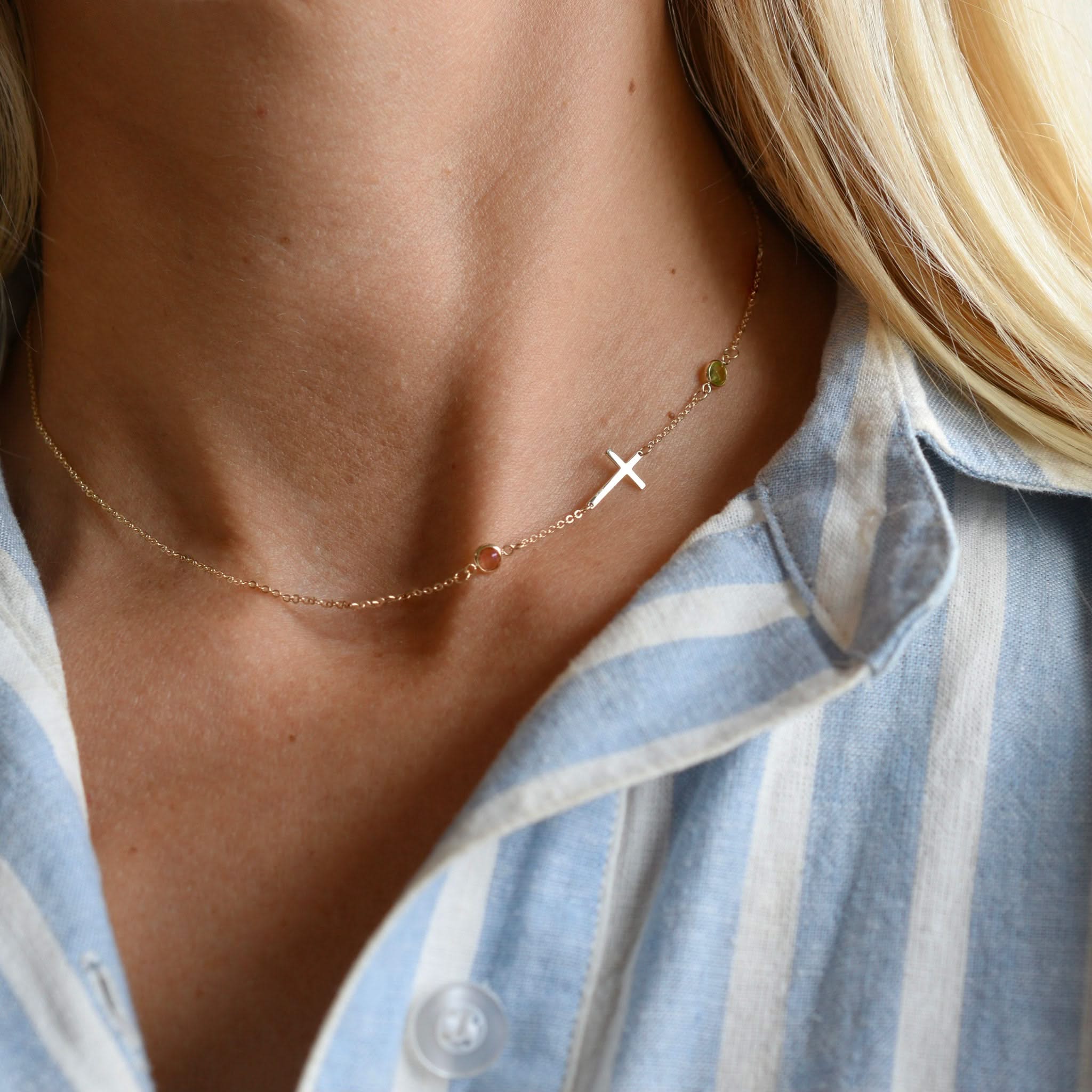 Cross & Petite 2 Birthstone Necklace in 14k Gold - Image 6