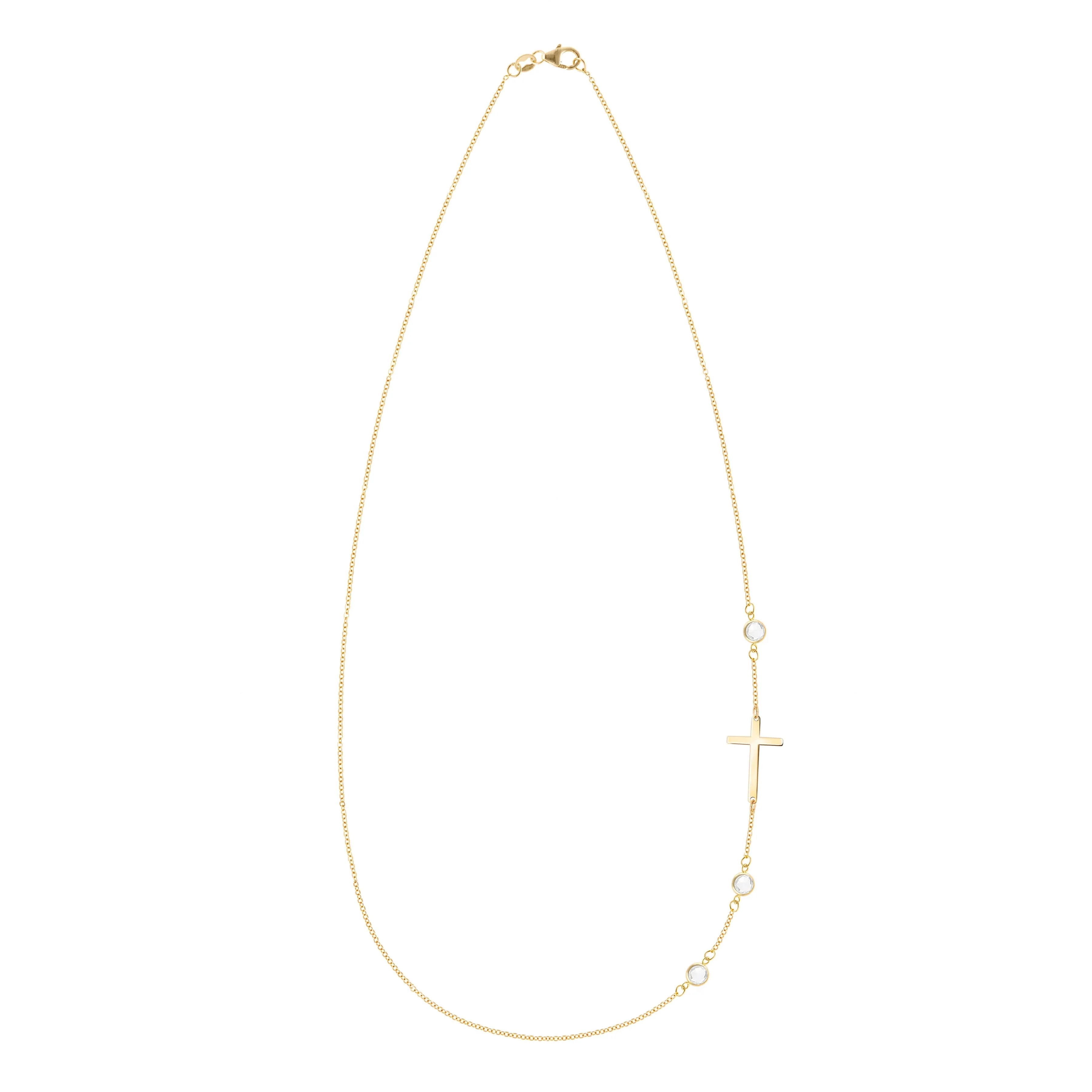 Cross & Petite 3 Birthstone Necklace in 14k Gold - Image 4