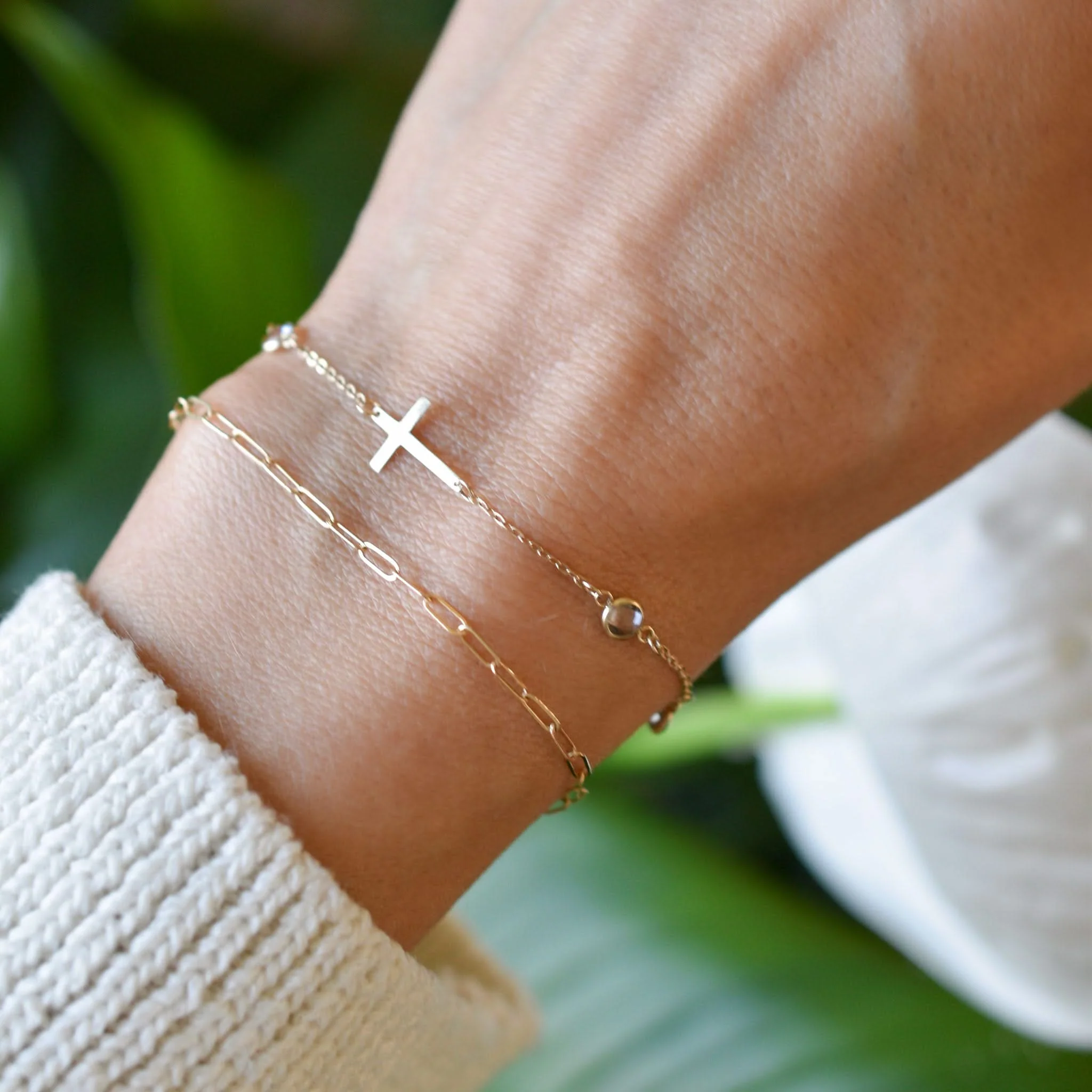 Cross & Petite 4 Birthstone Bracelet in 14k Gold - Image 6