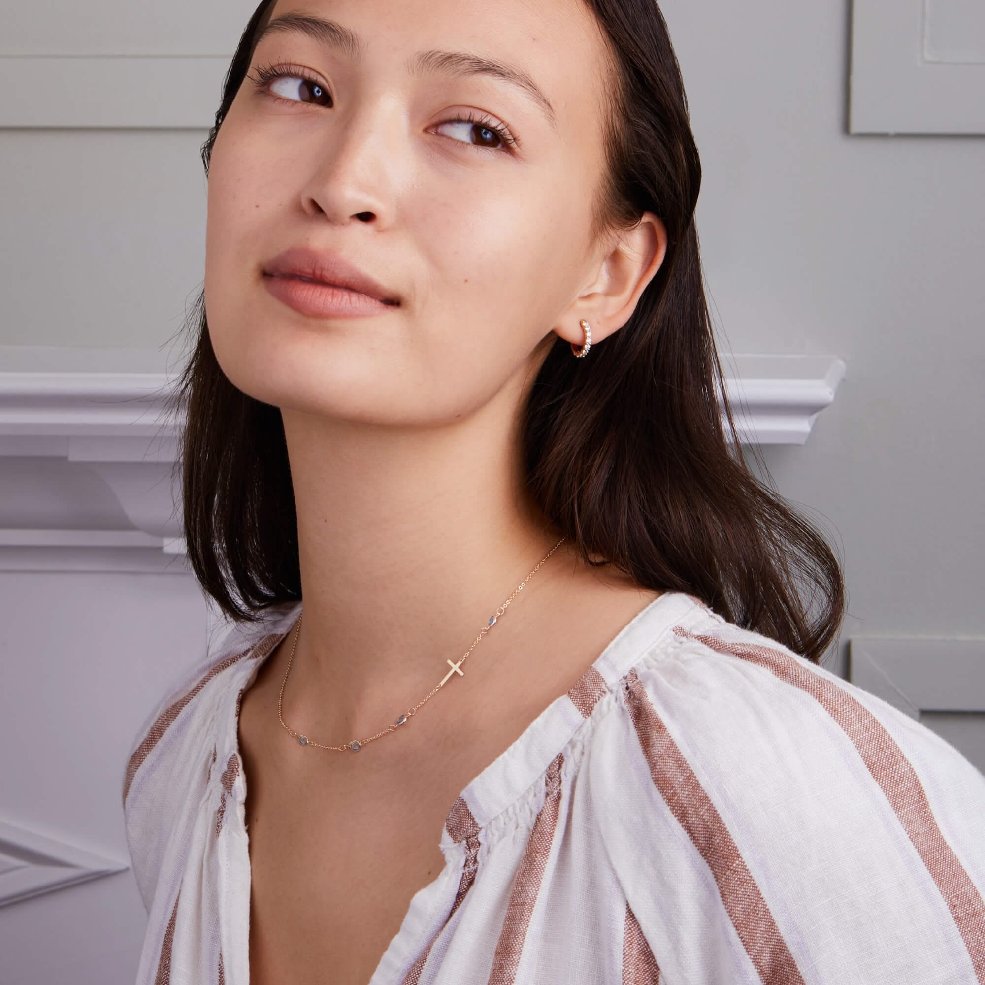 Cross & Petite 4 Birthstone Necklace in 14k Gold - Image 2