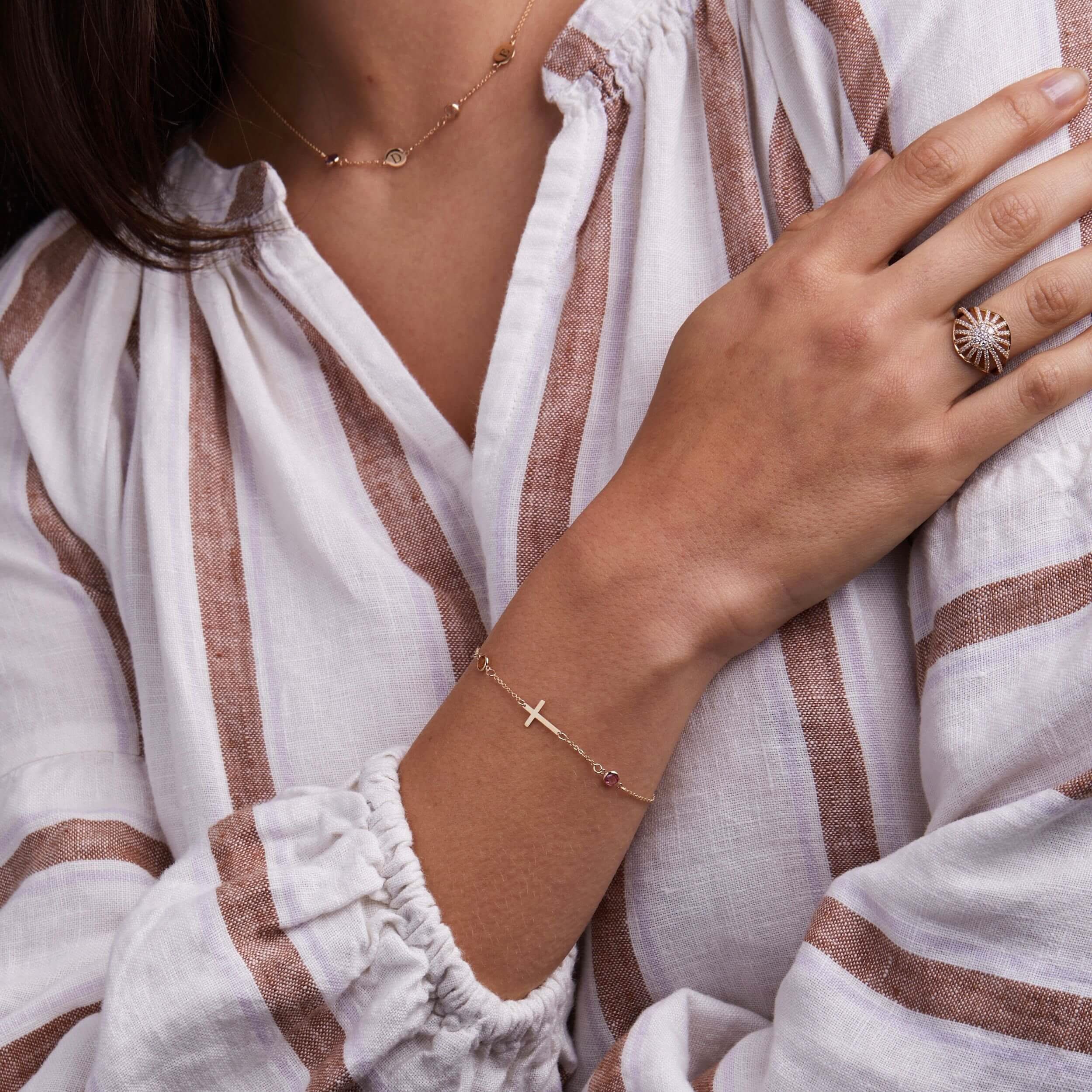 Cross & Petite 3 Birthstone Bracelet in 14k Gold - Image 2