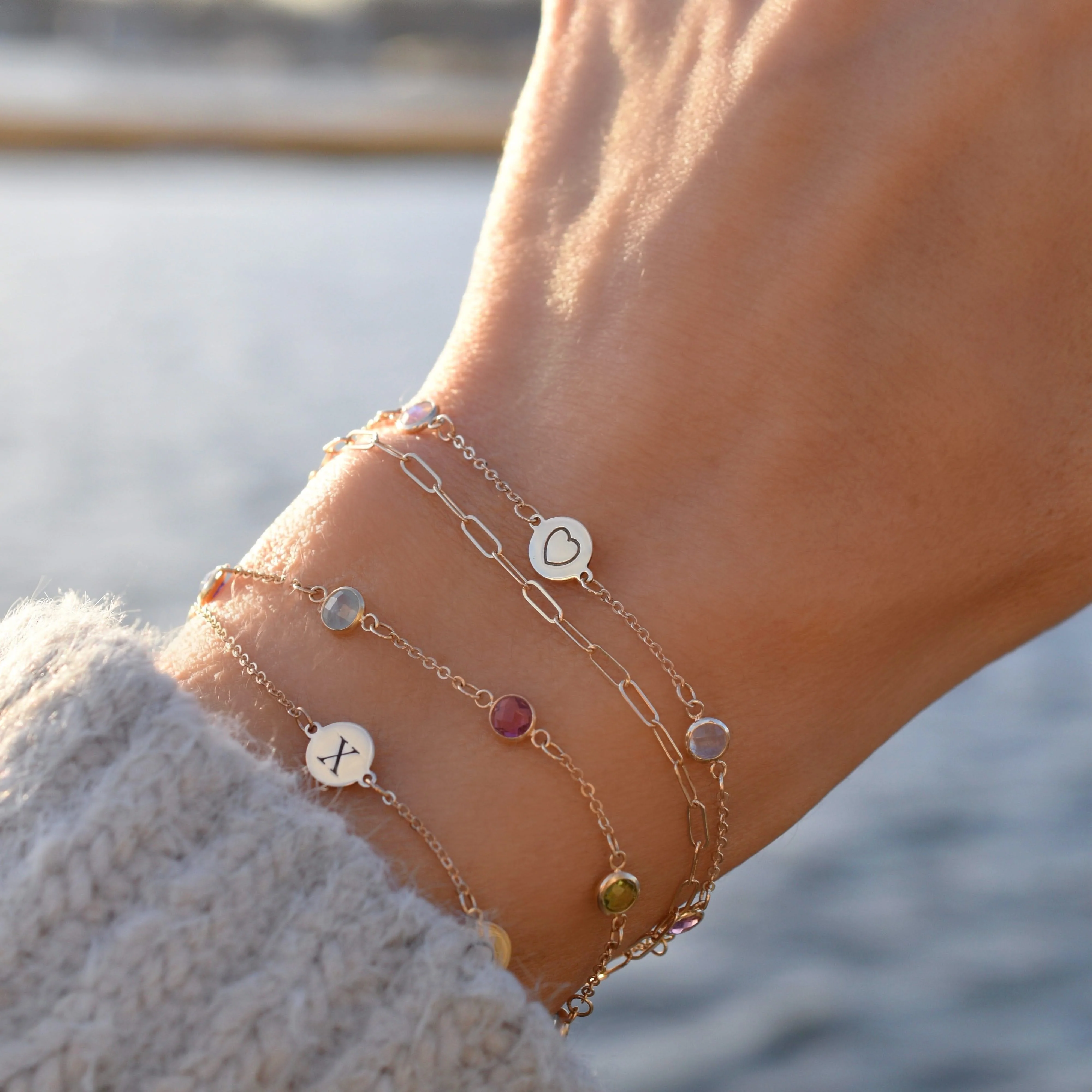 Heart Disc & Petite 6 Birthstone Bracelet in 14k Gold - Image 6