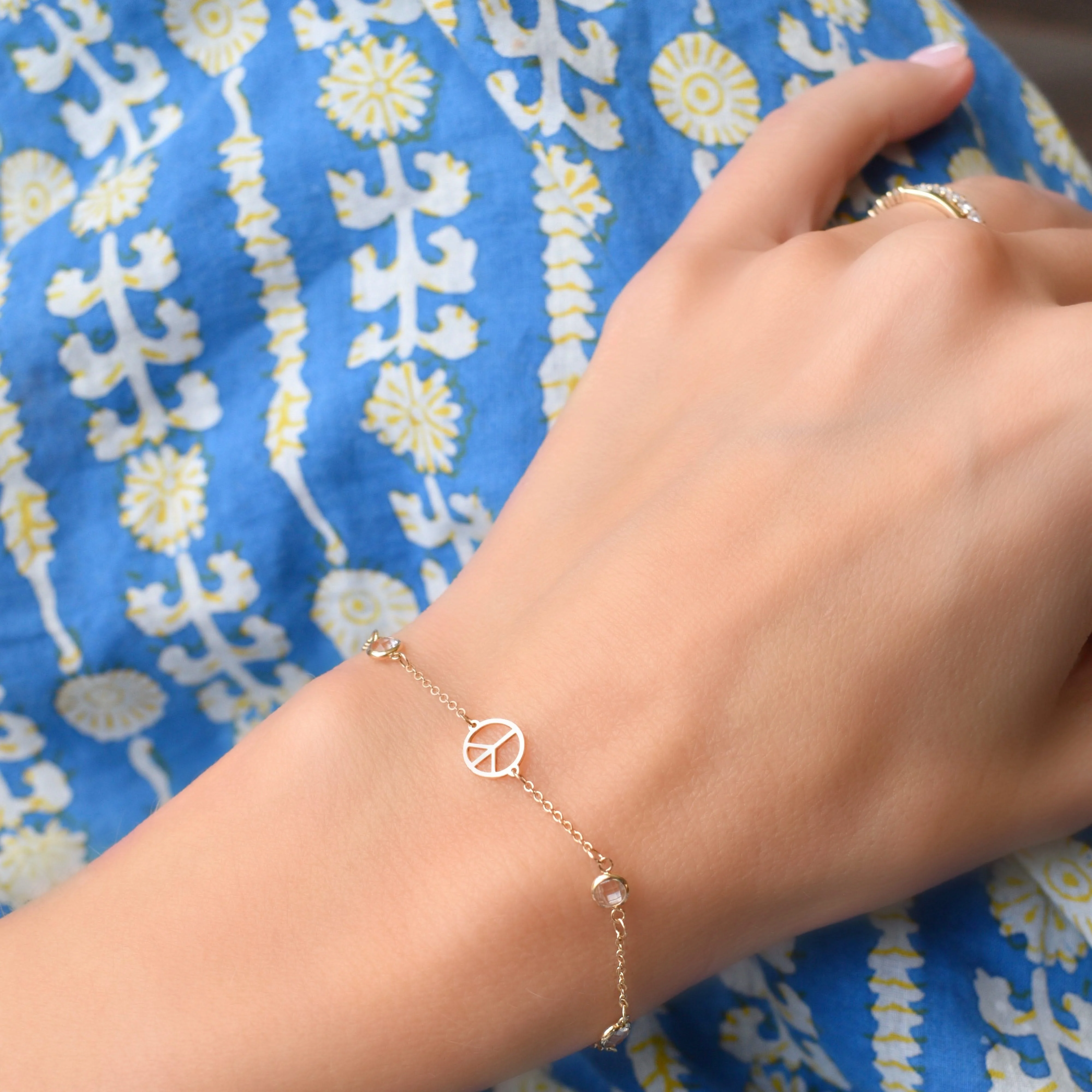 Peace Sign & 4 Birthstone Bracelet in 14k Gold - Image 2