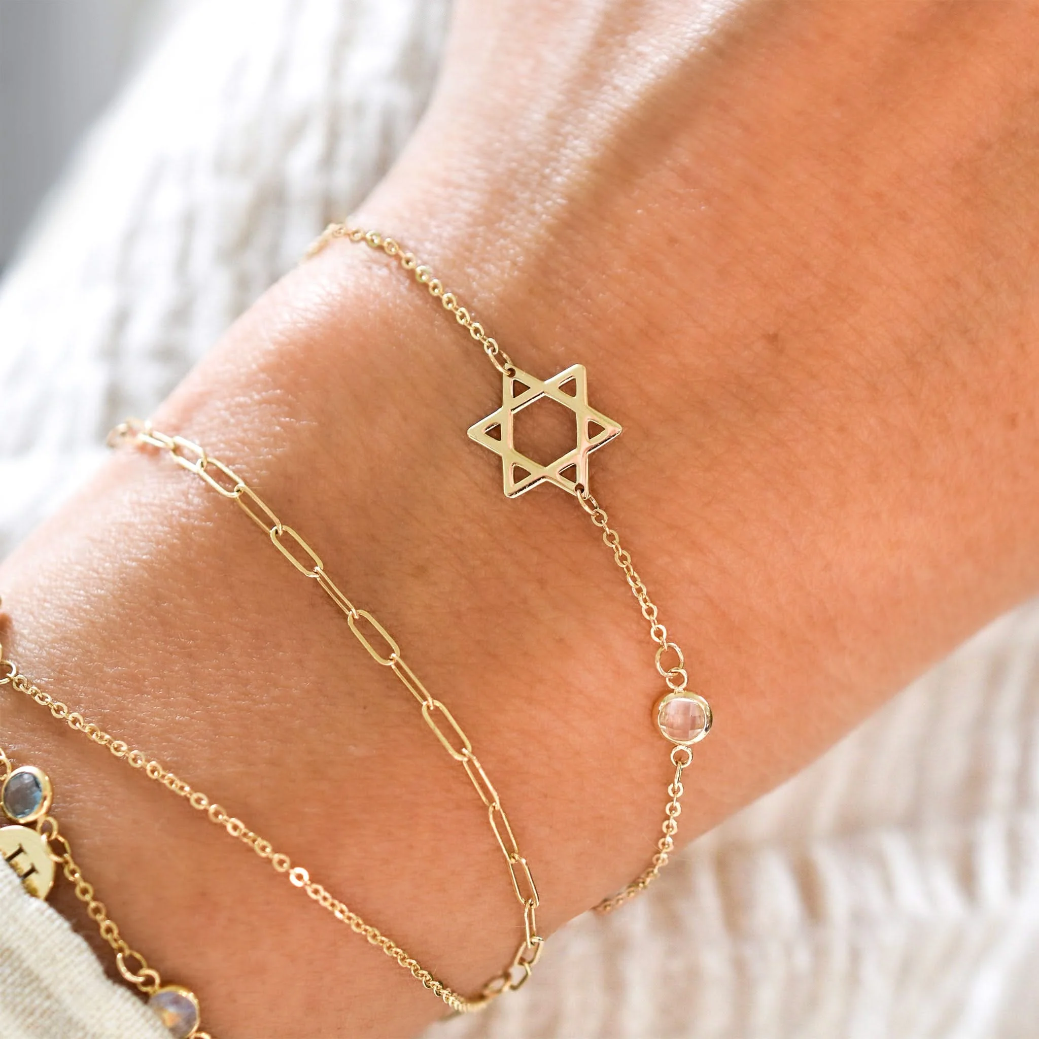 Star of David & Petite 1 Birthstone Bracelet in 14k Gold - Image 2