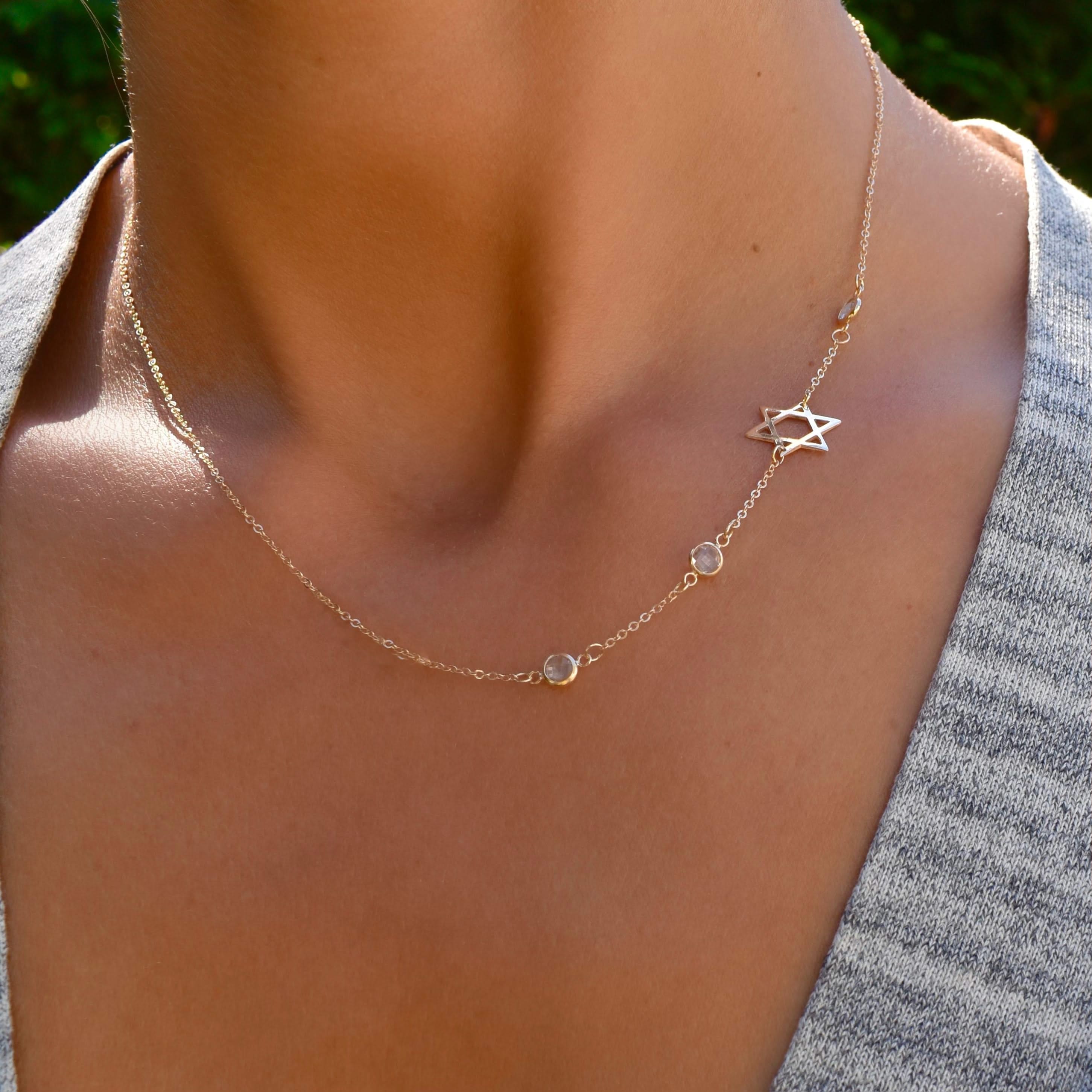 Star of David & Petite 3 Birthstone Necklace in 14k Gold - Image 3