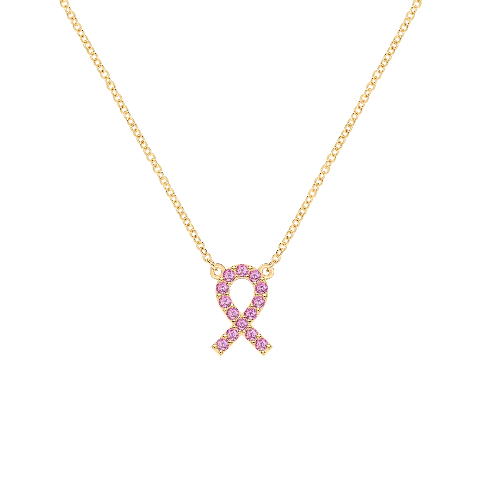Pink Awareness Pave Ribbon Necklace in 14k Gold