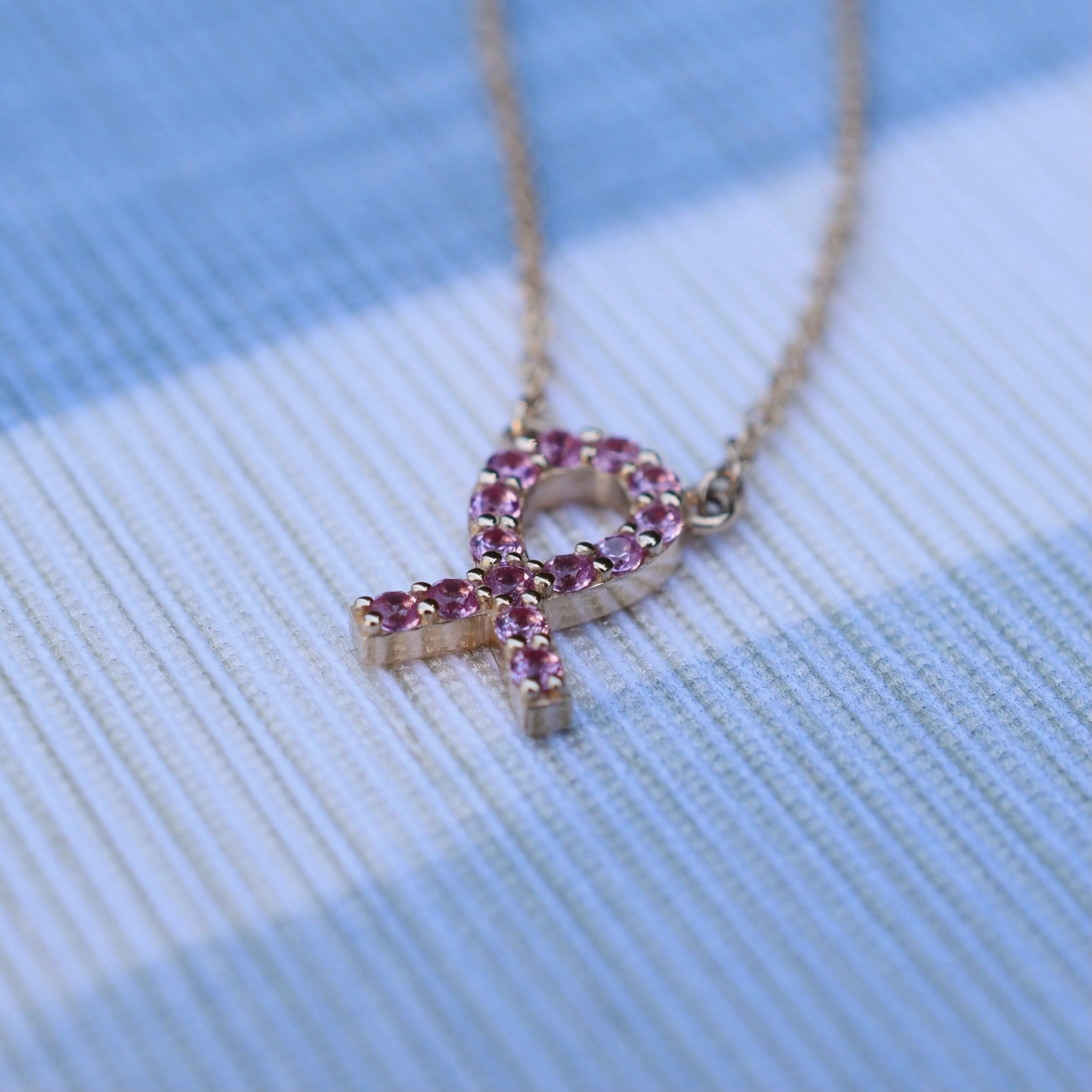 Pink Awareness Pave Ribbon Necklace in 14k Gold - Image 6