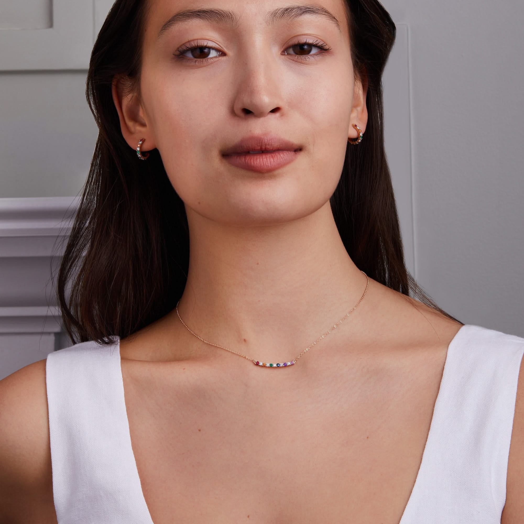 Rainbow Rosecliff Huggie Hoop Earrings with Diamonds in 14k Gold - Image 2