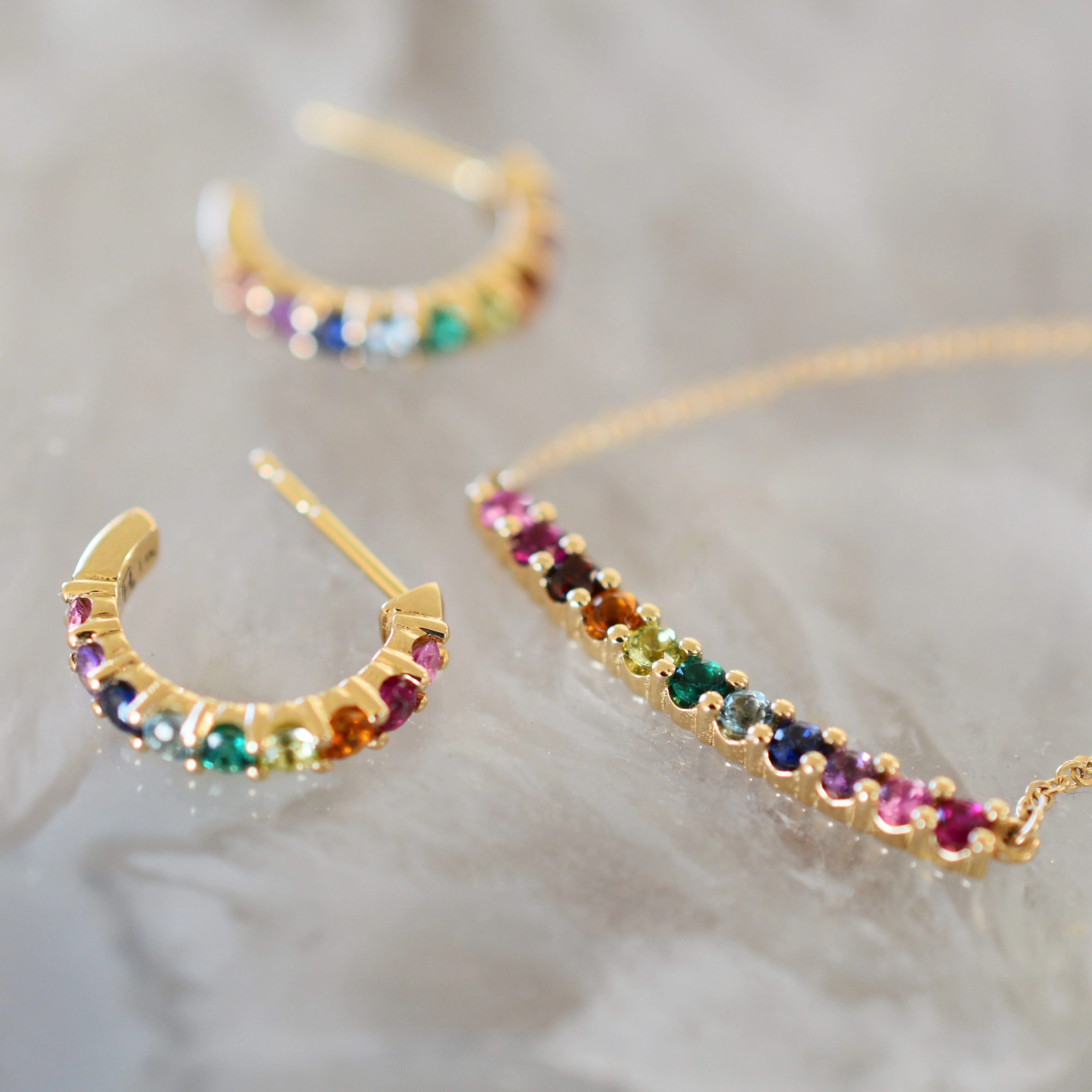 Rainbow Rosecliff Bar Necklace and Huggie Hoop Earrings Set in 14k Gold - Image 9