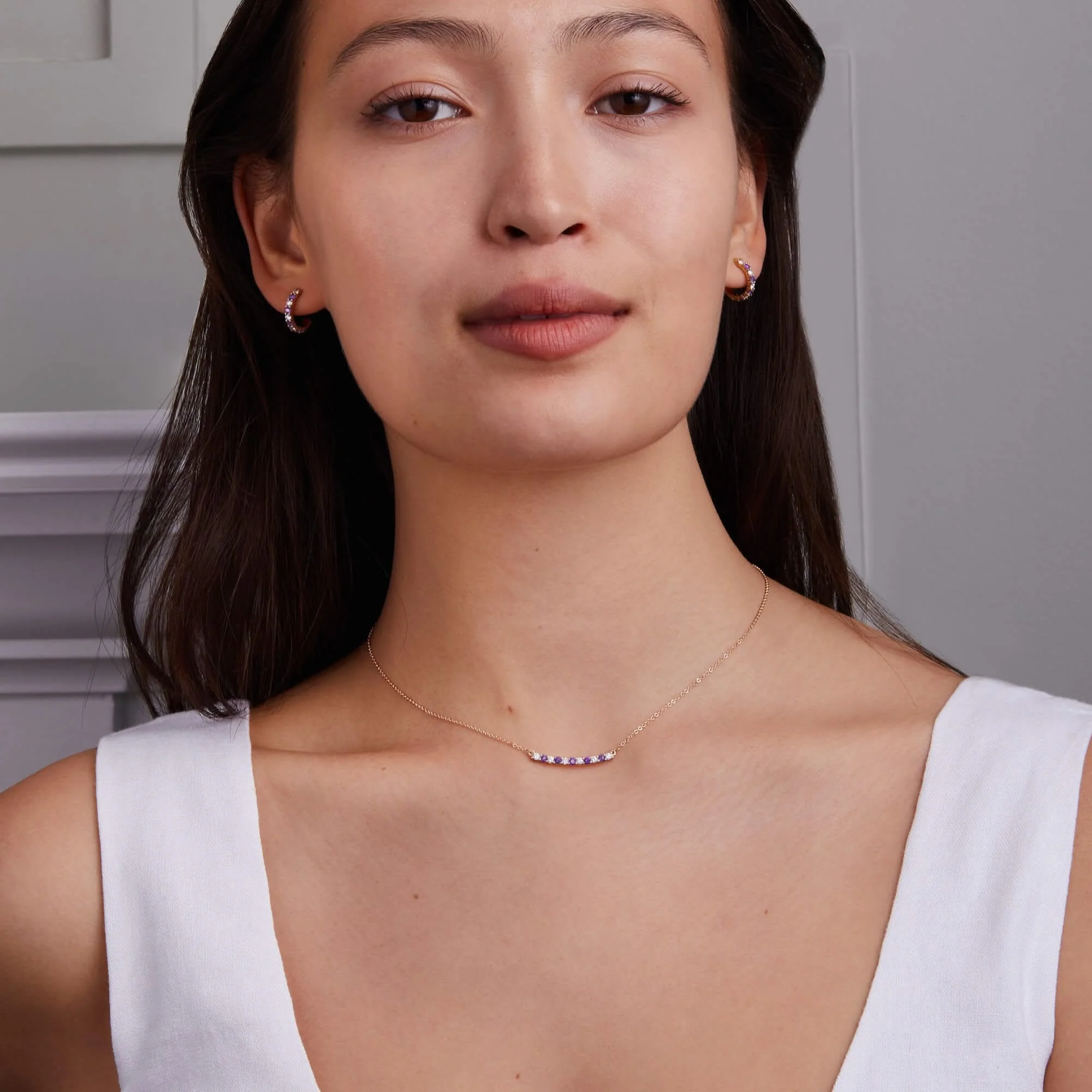 Rosecliff Diamond & Amethyst Bar Necklace in 14k Gold (February) - Image 2