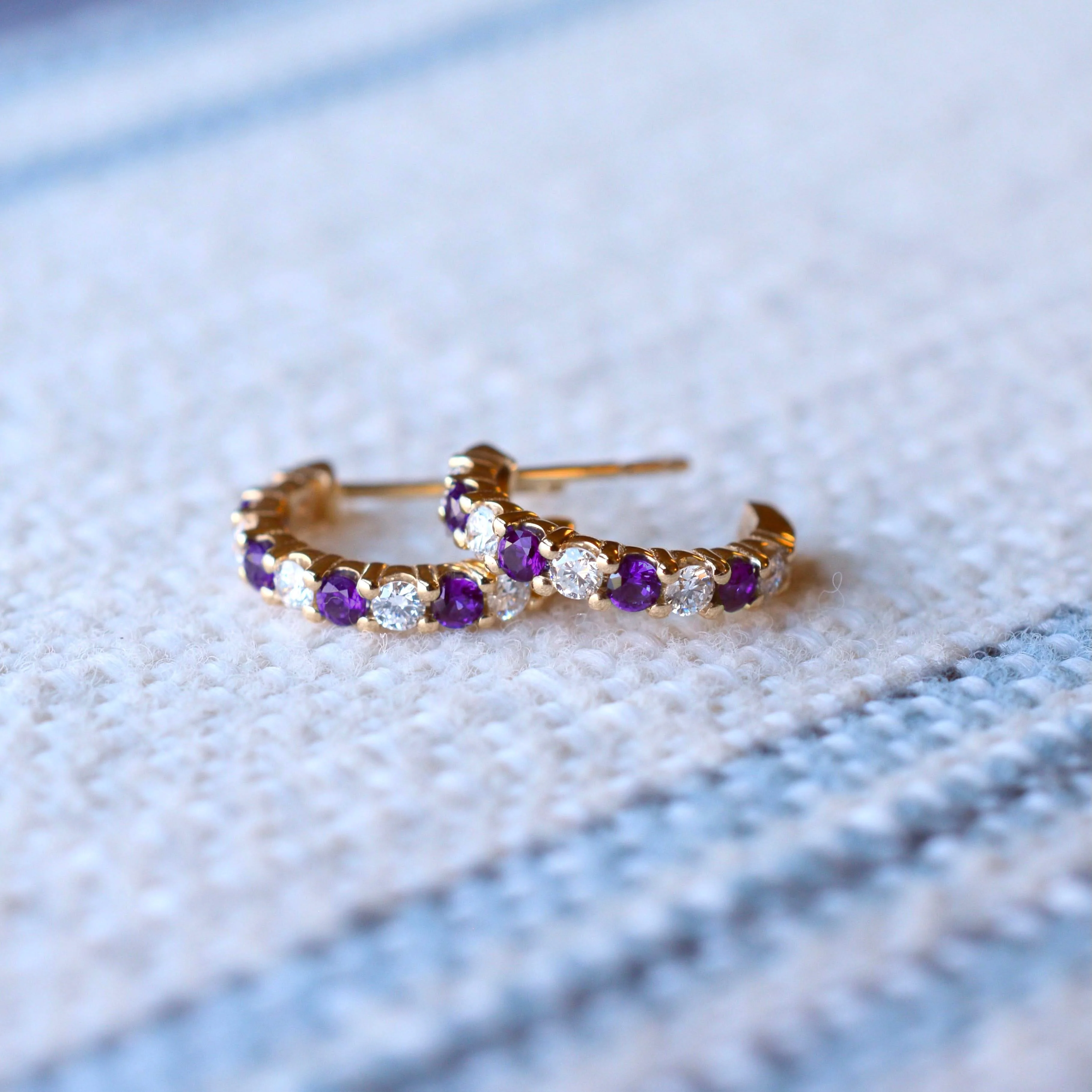 Rosecliff Diamond & Amethyst Huggie Hoop Earrings in 14k Gold (February) - Image 7