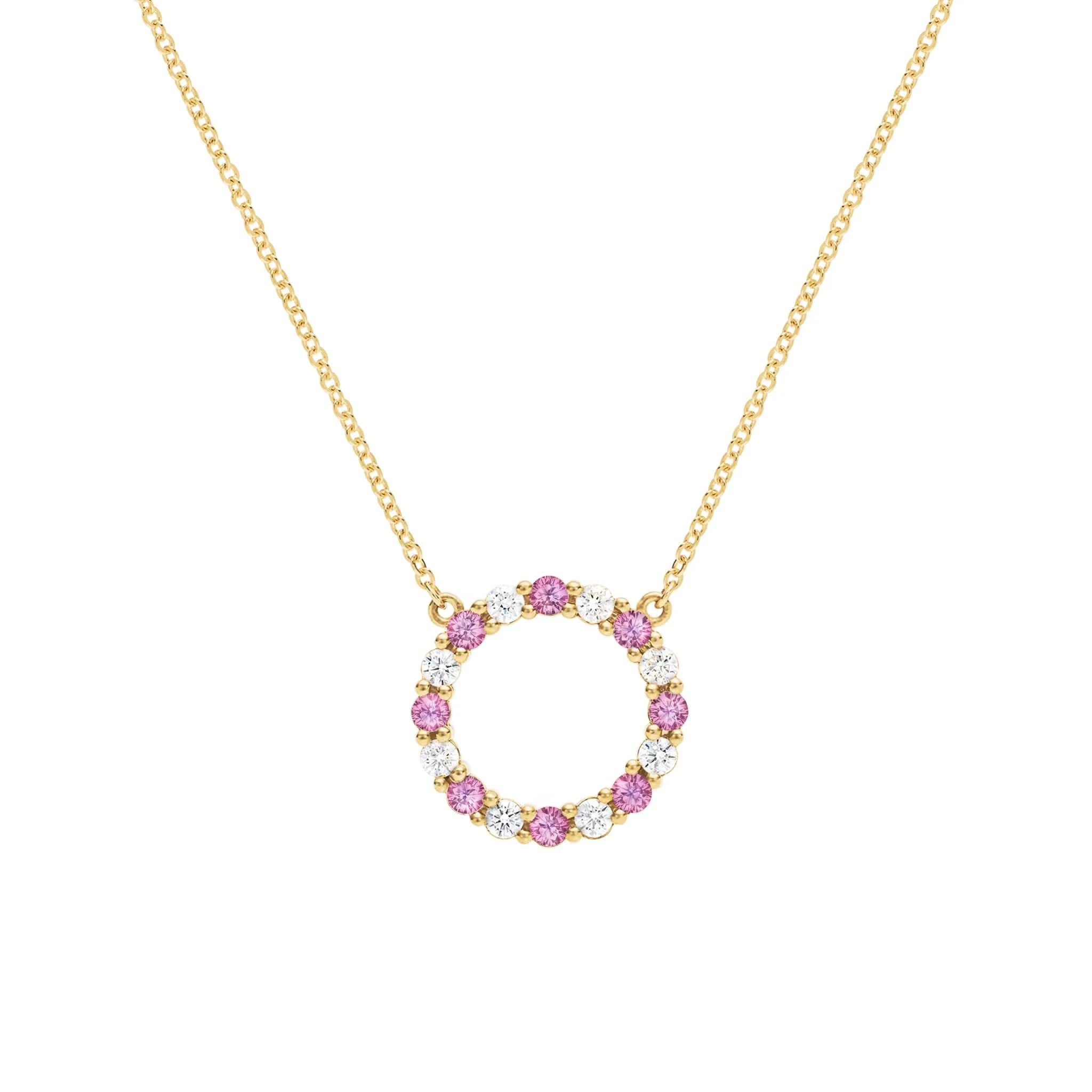 Rosecliff Circle Diamond & Pink Sapphire Necklace in 14k Gold (October)