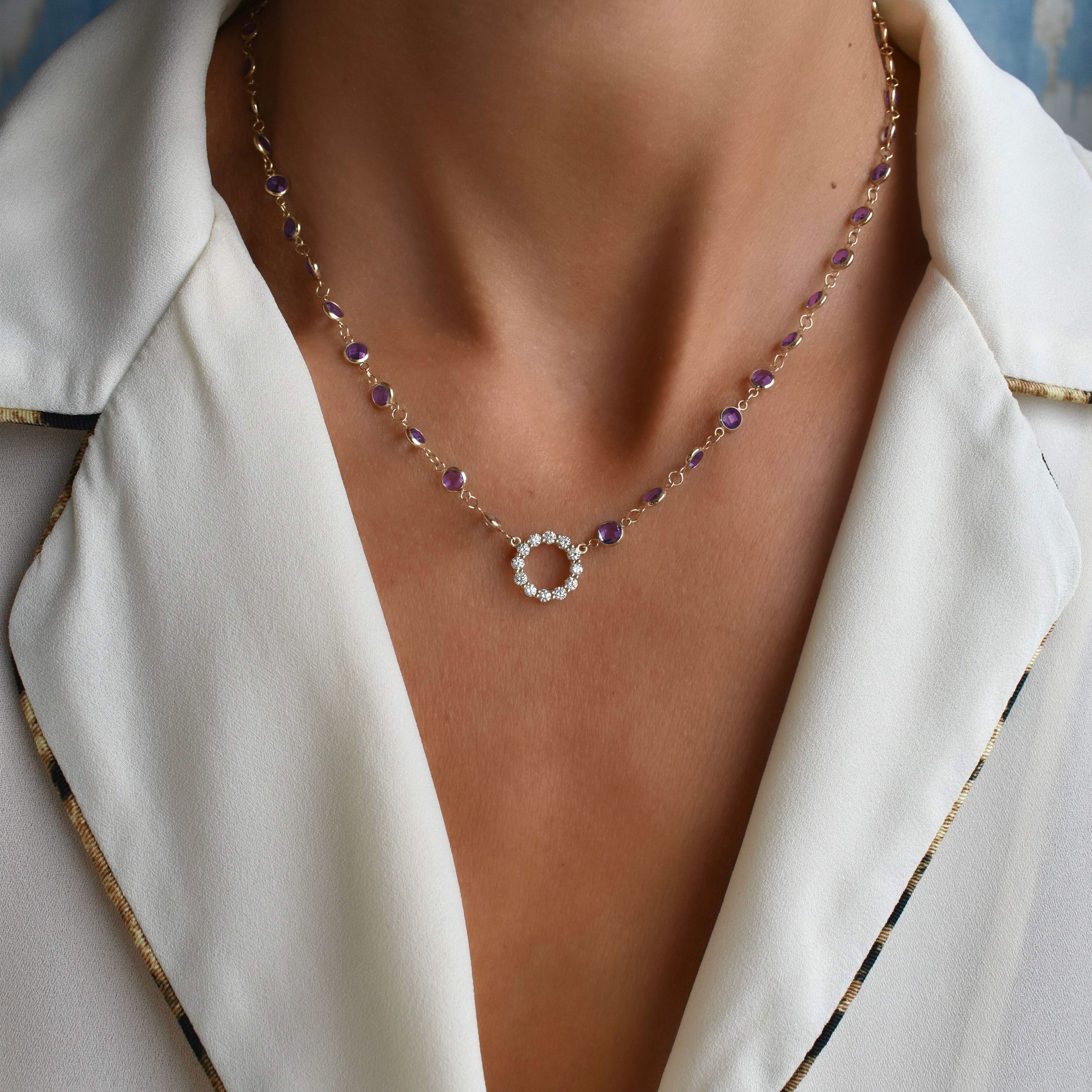 Rosecliff Diamond Small Circle & Newport Amethyst Necklace in 14k Gold (February) - Image 6