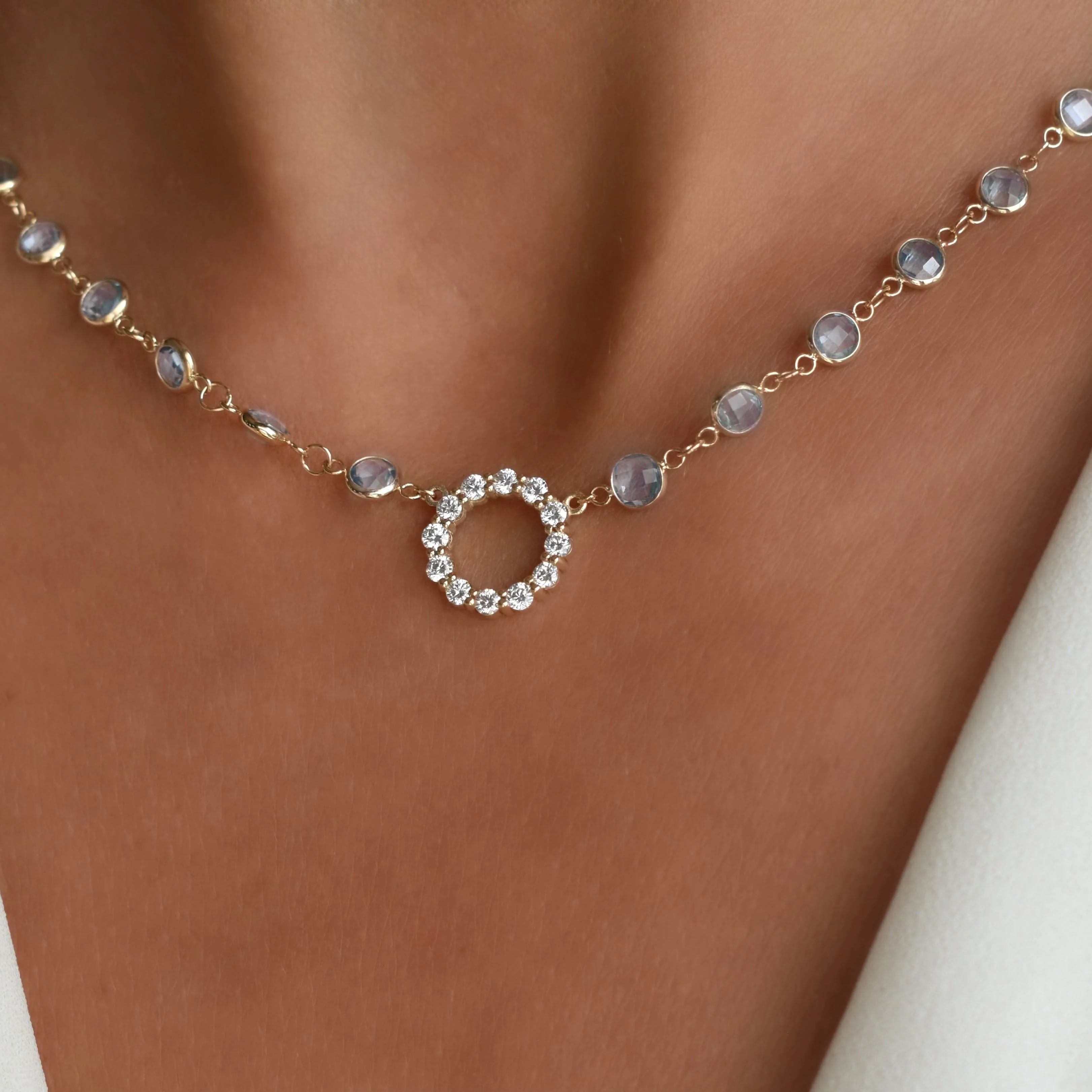 Rosecliff Diamond Small Circle & Newport Aquamarine Necklace in 14k Gold (March) - Image 3