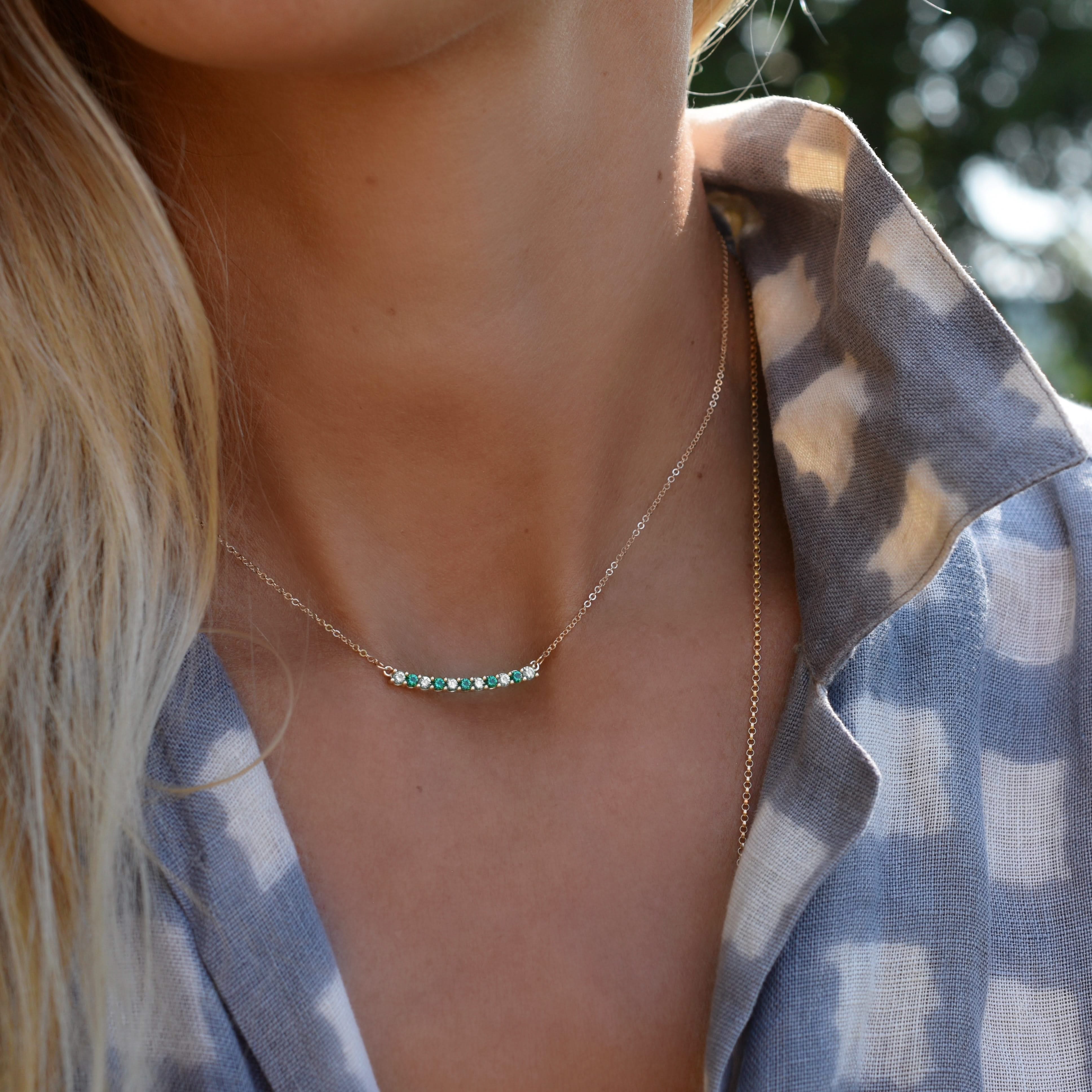 Rosecliff Diamond & Emerald Bar Necklace in 14k Gold (May) - Image 6