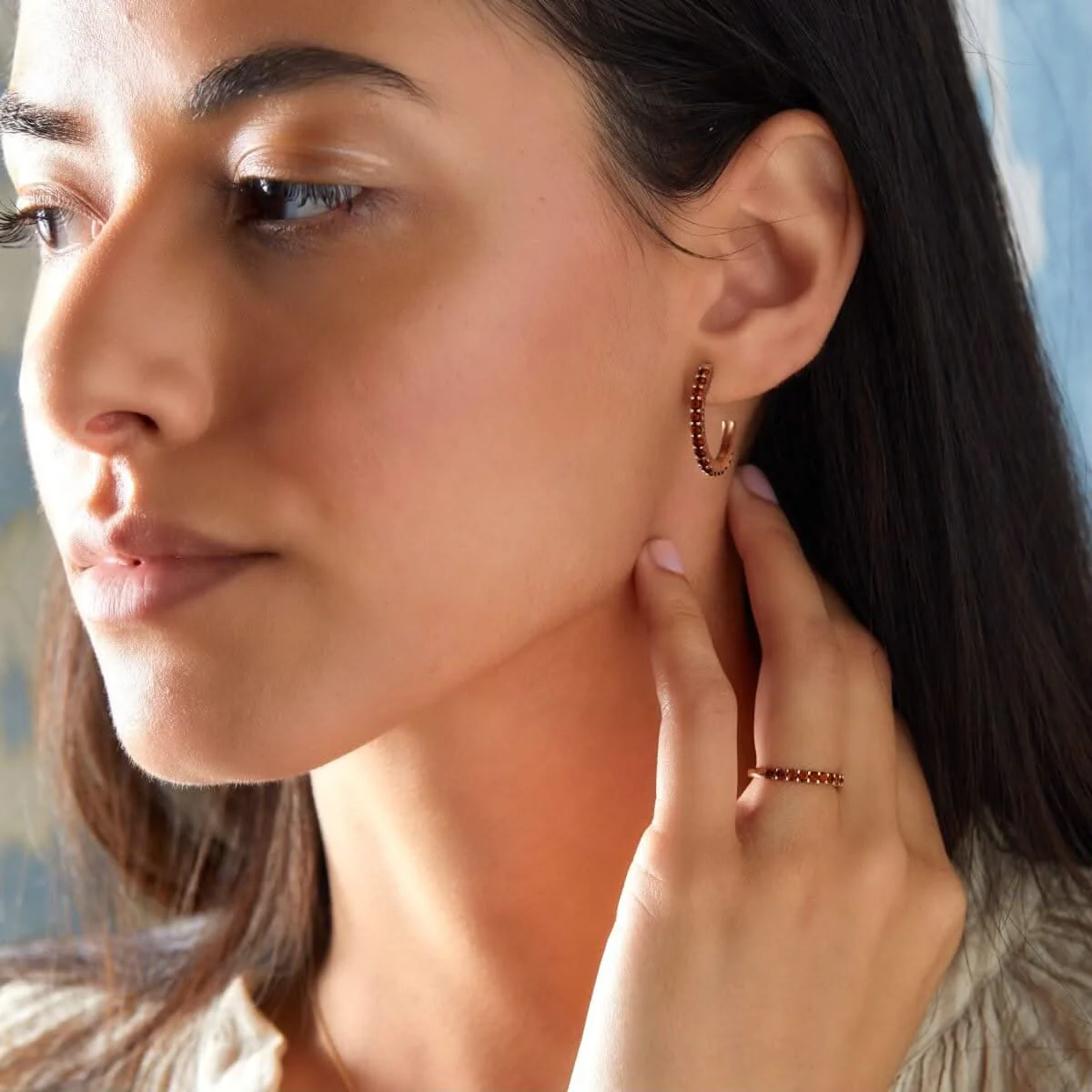 Rosecliff Garnet Hoop Earrings in 14k Gold (January) - Image 2