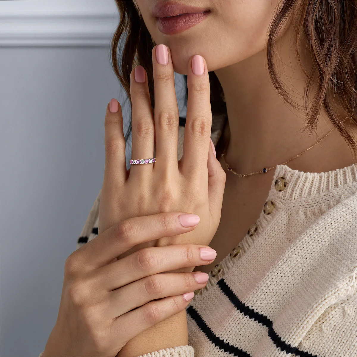 Rosecliff Luxe Diamond & Pink Sapphire Stackable Ring in 14k Gold (October) - Image 2