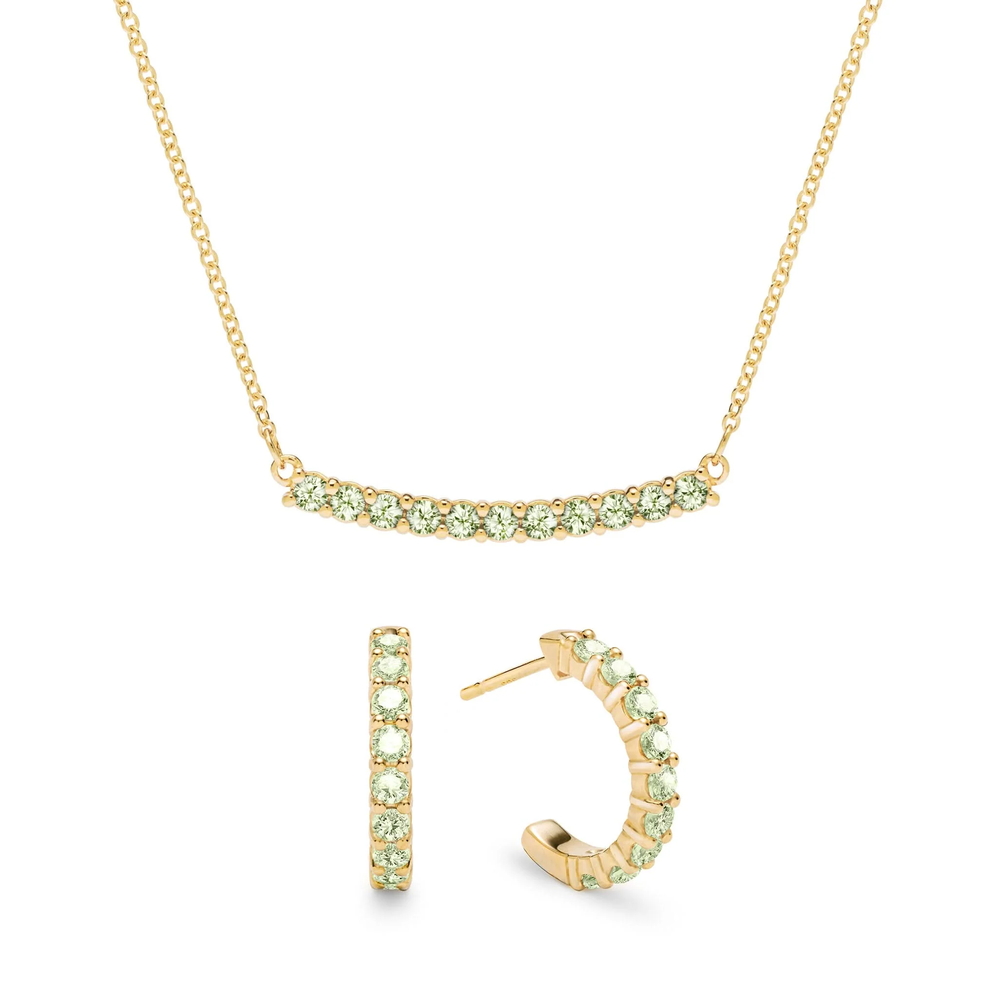 Rosecliff Peridot Bar Necklace and Huggie Hoop Earrings Set in 14k Gold (August)