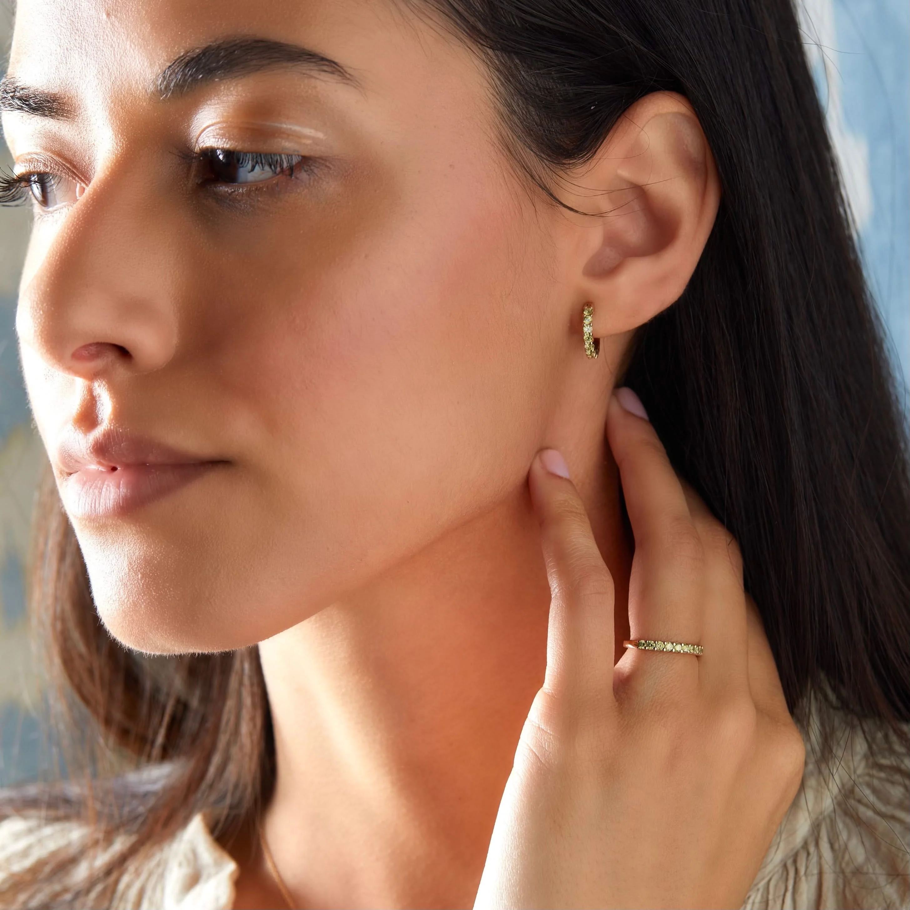 Rosecliff Peridot Huggie Hoop Earrings in 14k Gold (August) - Image 2