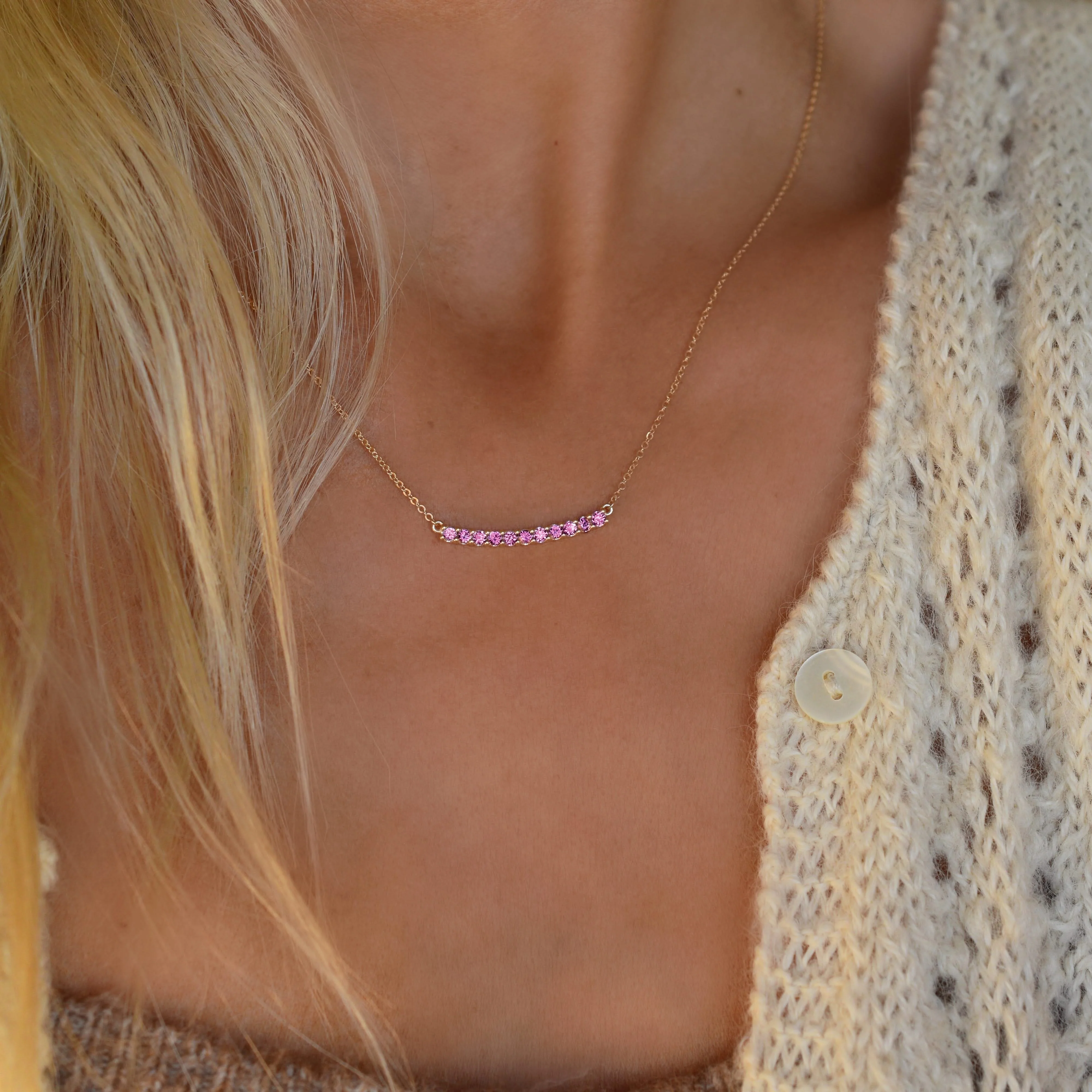 Rosecliff Pink Sapphire Bar Necklace in 14k Gold (October) - Image 10