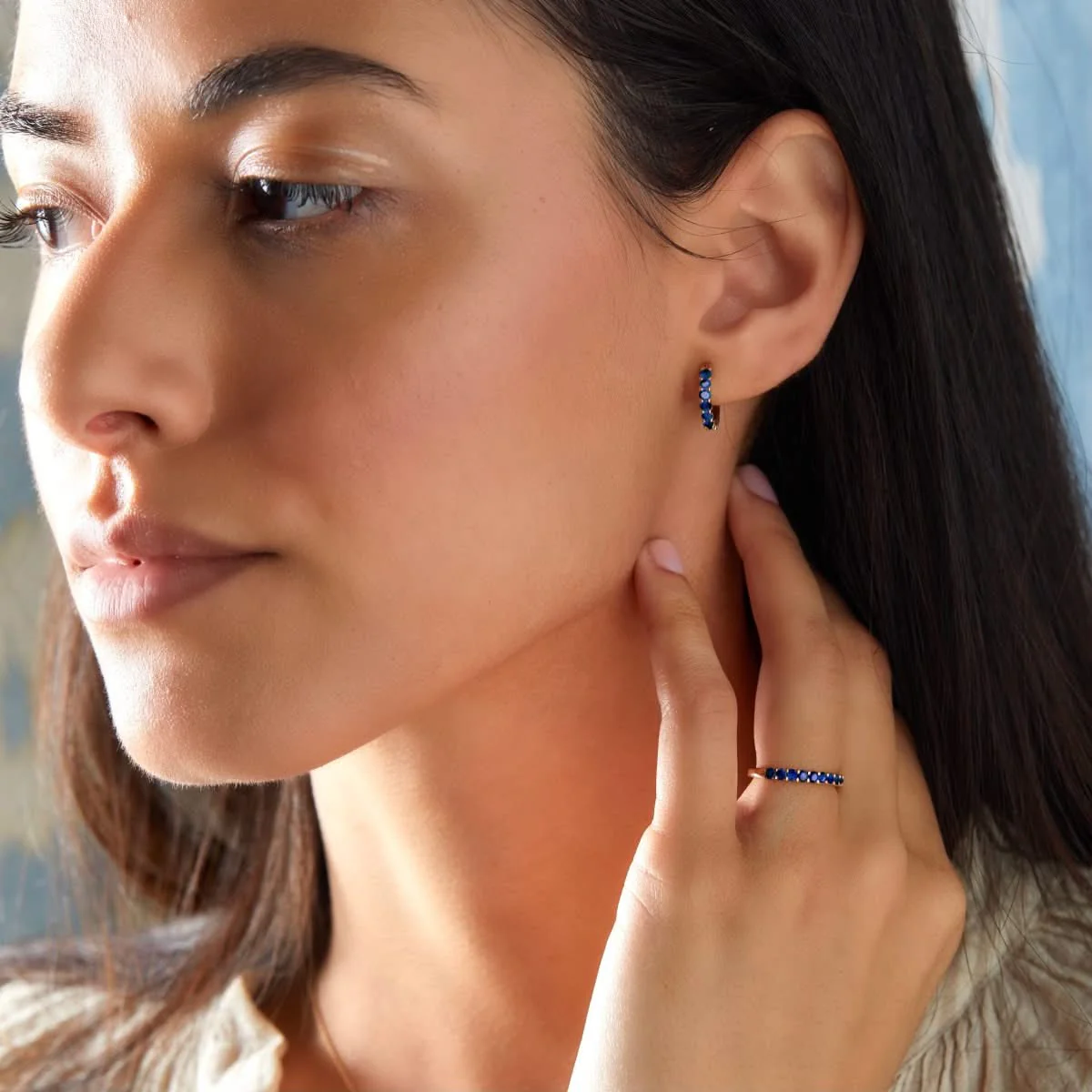 Rosecliff Sapphire Huggie Hoop Earrings in 14k Gold (September) - Image 9