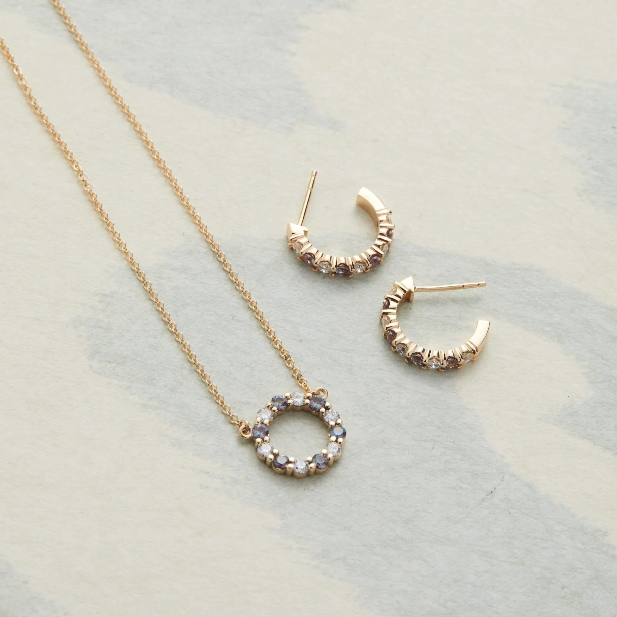 Rosecliff Small Circle Diamond & Alexandrite Necklace and Huggie Hoop Earrings Set in 14k Gold (June) - Image 9