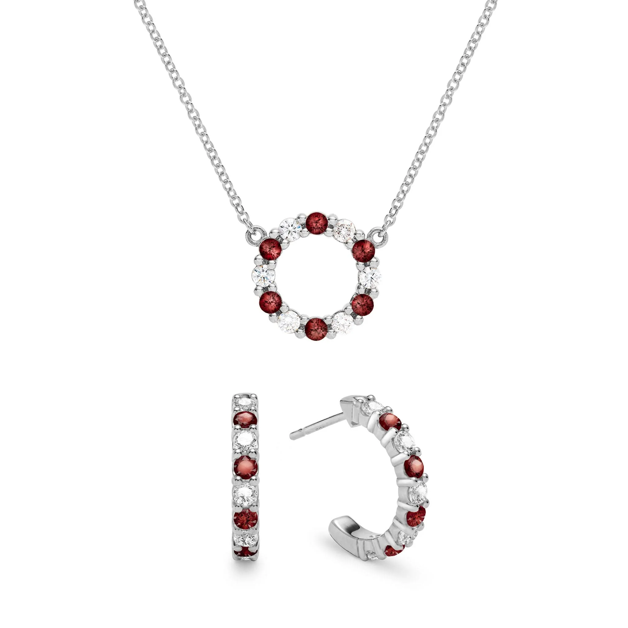 Rosecliff Small Circle Diamond & Garnet Necklace and Huggie Hoop Earrings Set in 14k Gold (January) - Image 8