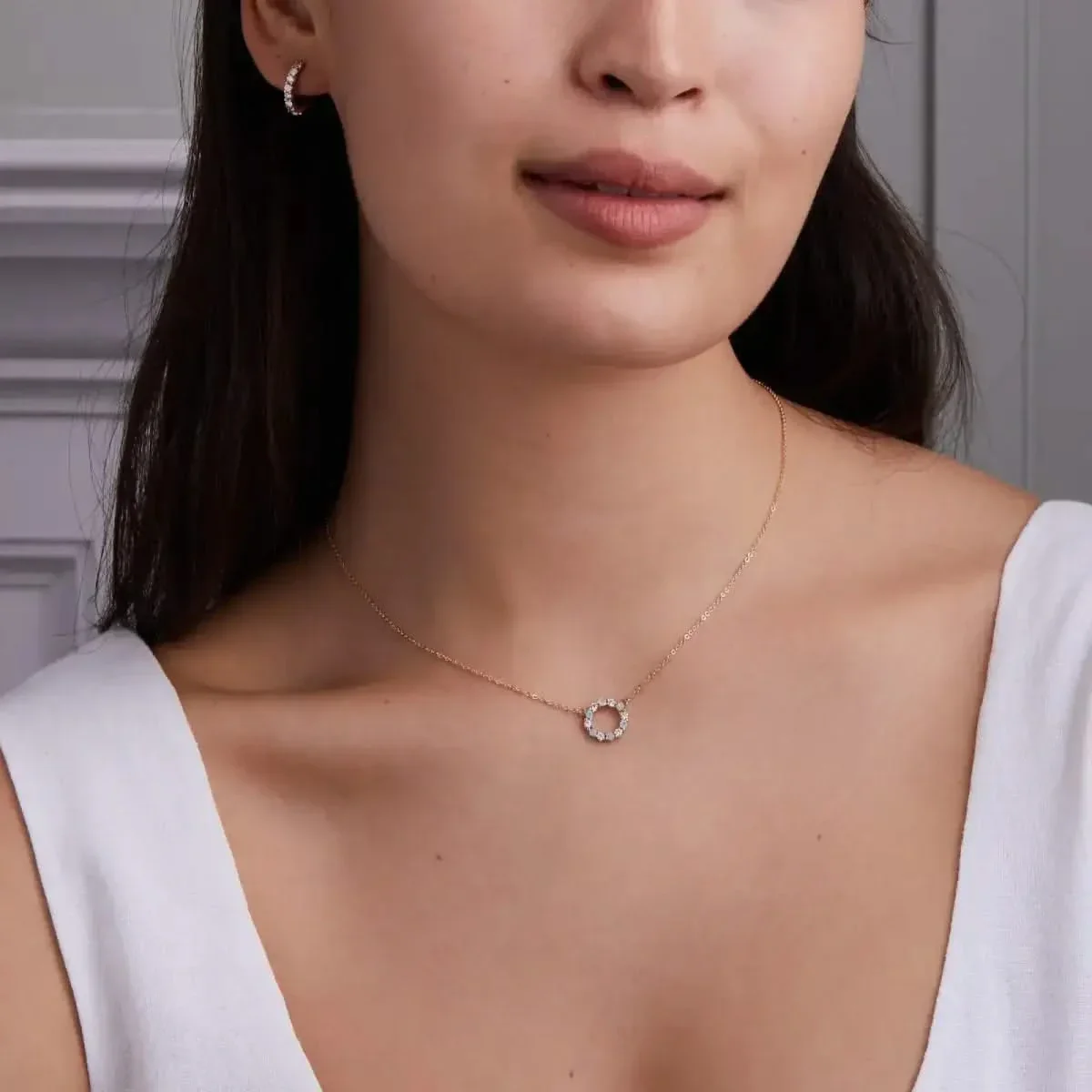 Rosecliff Small Circle Diamond & Opal Necklace in 14k Gold (October) - Image 2