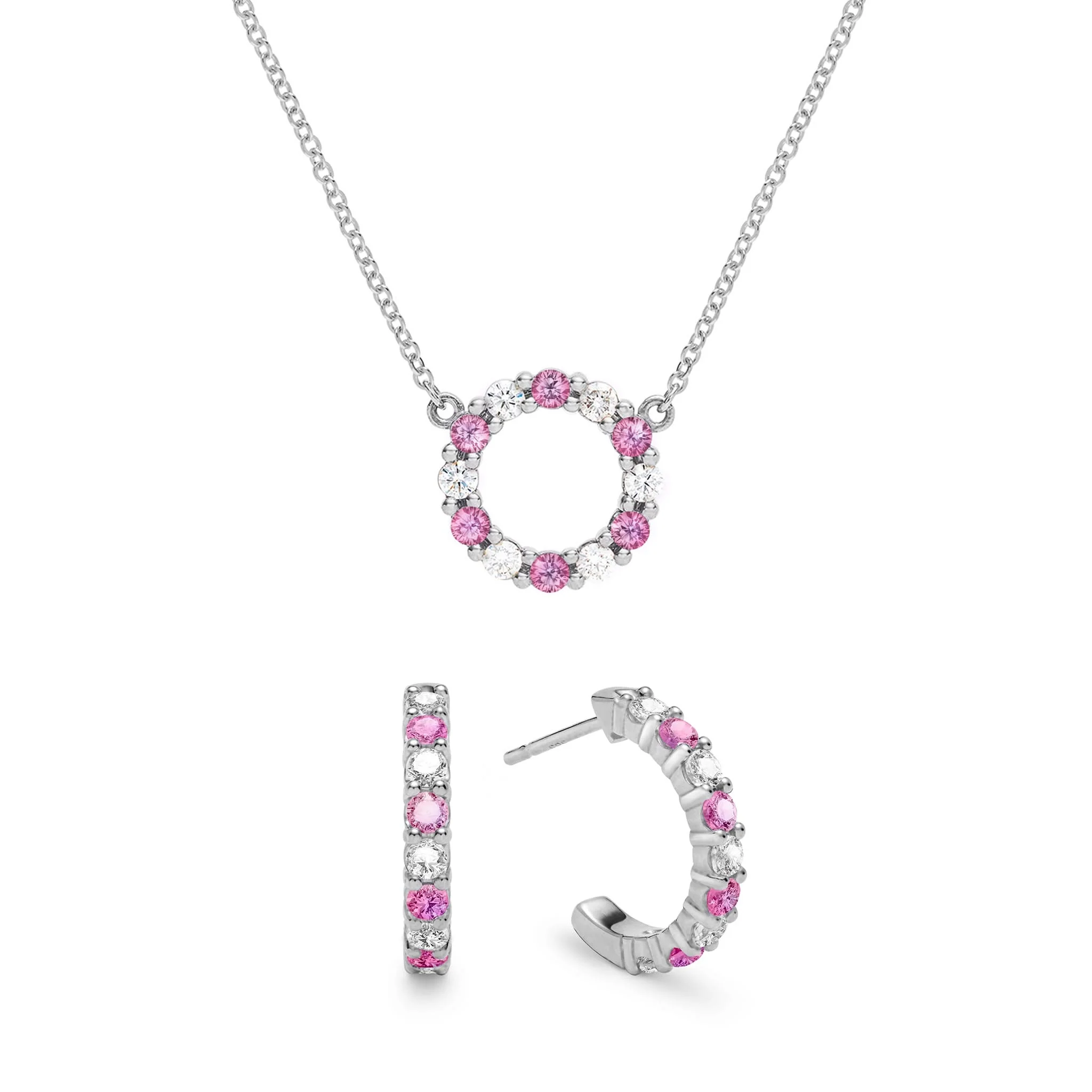 Rosecliff Small Circle Diamond & Pink Sapphire Necklace and Huggie Hoop Earrings Set in 14k Gold (October) - Image 8
