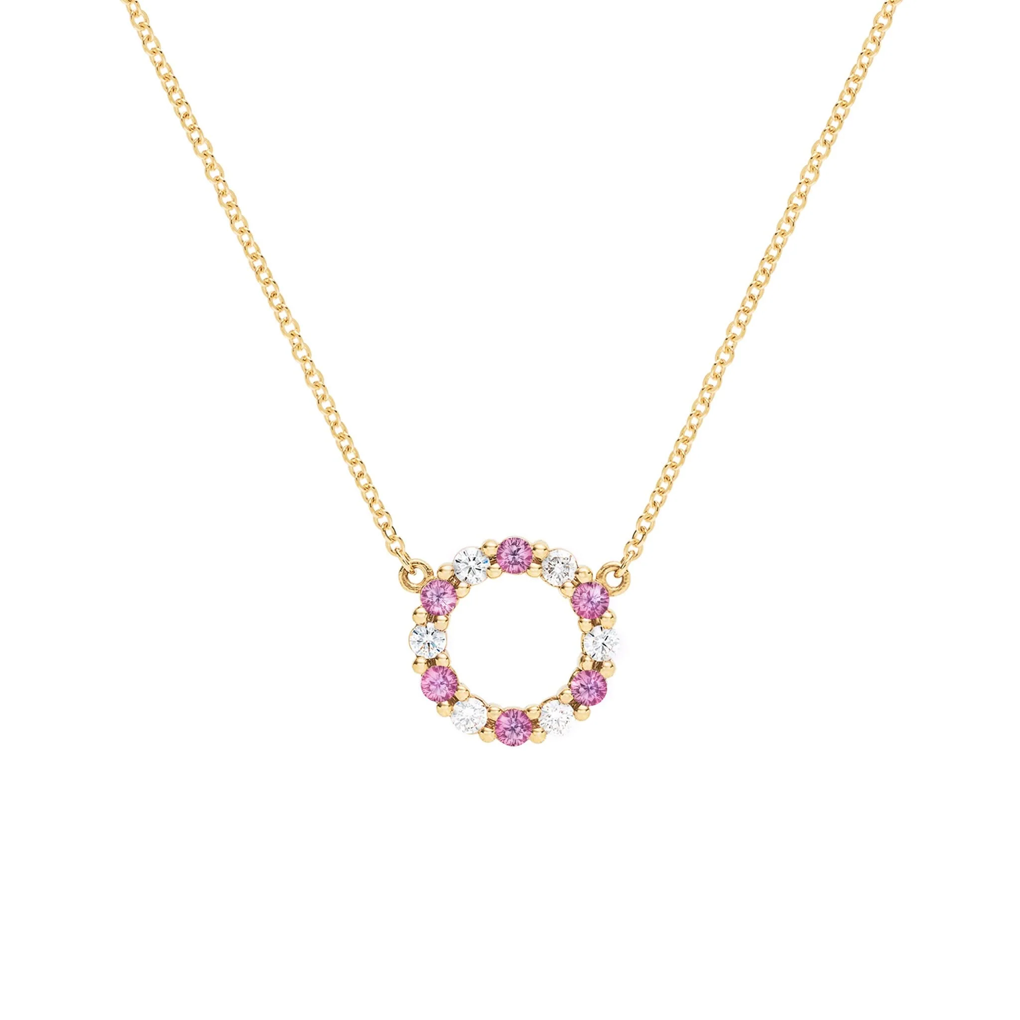 Rosecliff Small Circle Diamond & Pink Sapphire Necklace in 14k Gold (October)