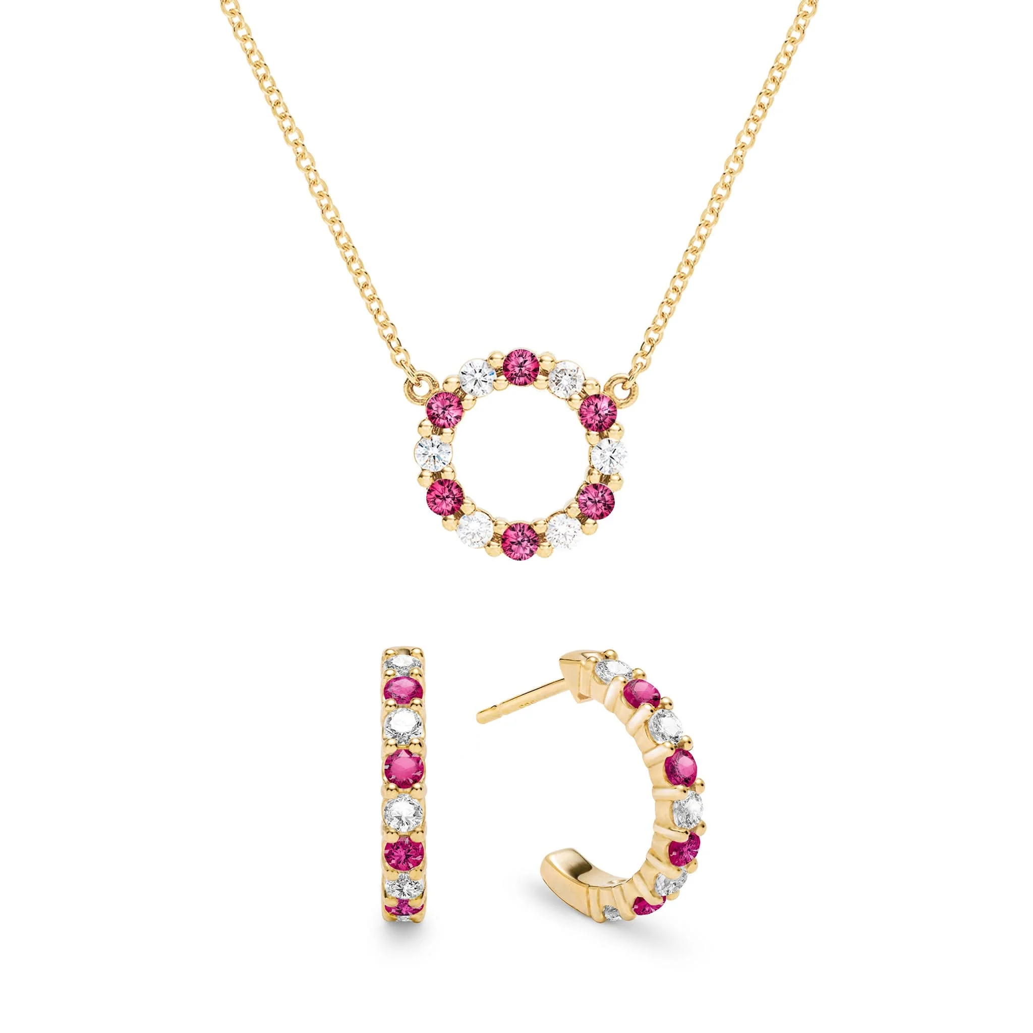 Rosecliff Small Circle Diamond & Ruby Necklace and Huggie Hoop Earrings Set in 14k Gold (July)