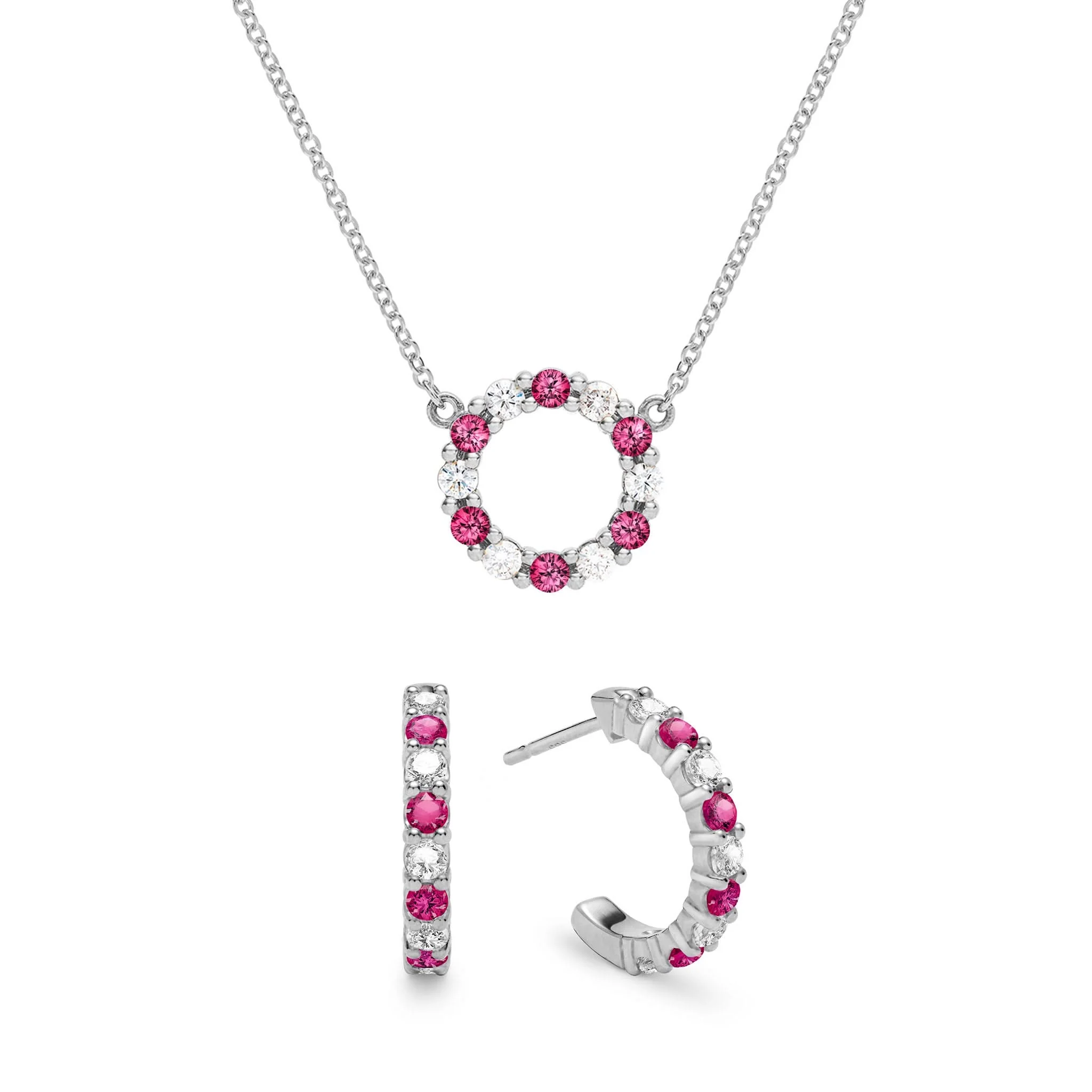 Rosecliff Small Circle Diamond & Ruby Necklace and Huggie Hoop Earrings Set in 14k Gold (July) - Image 8