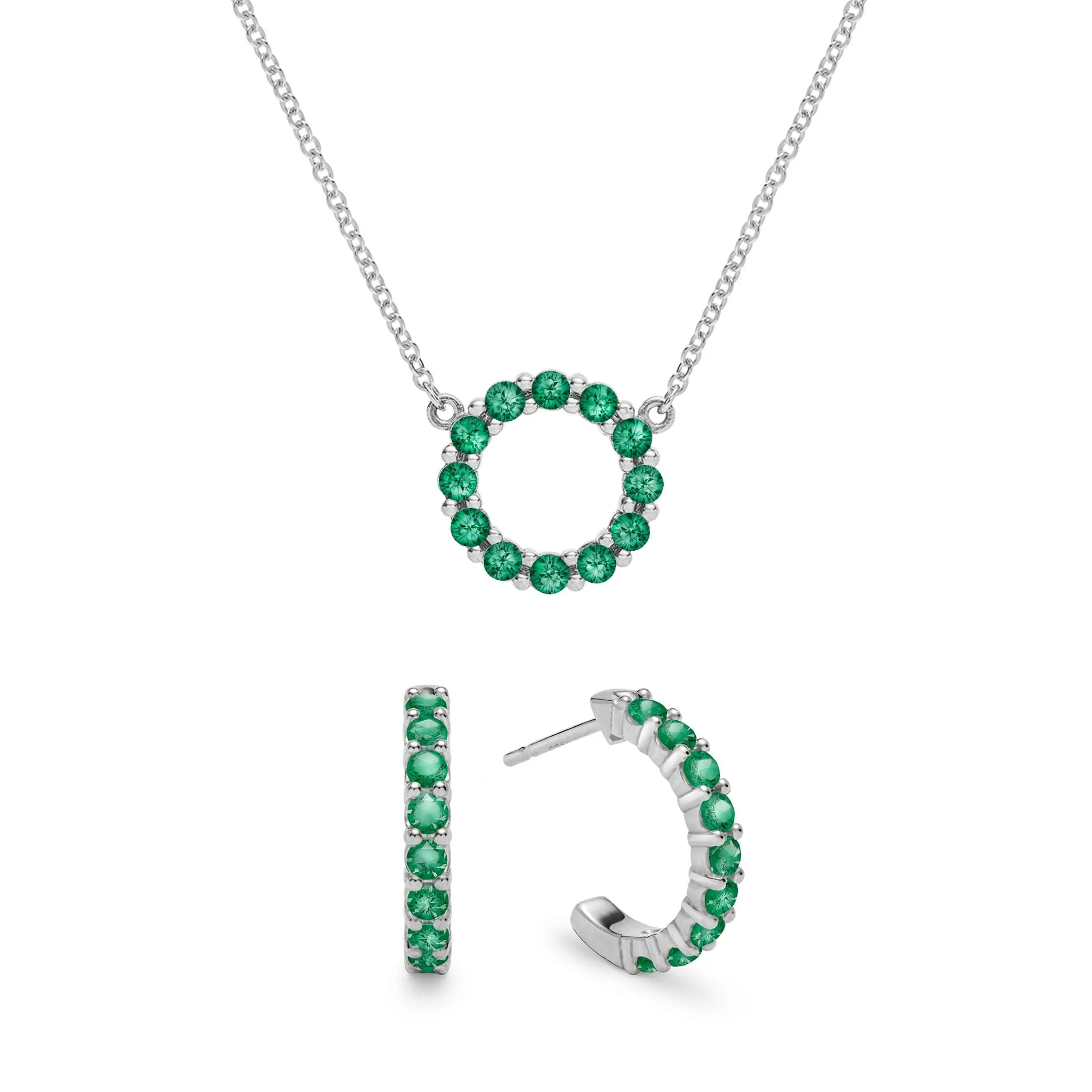 Rosecliff Small Circle Emerald Necklace and Huggie Hoop Earrings Set in 14k Gold (May) - Image 8