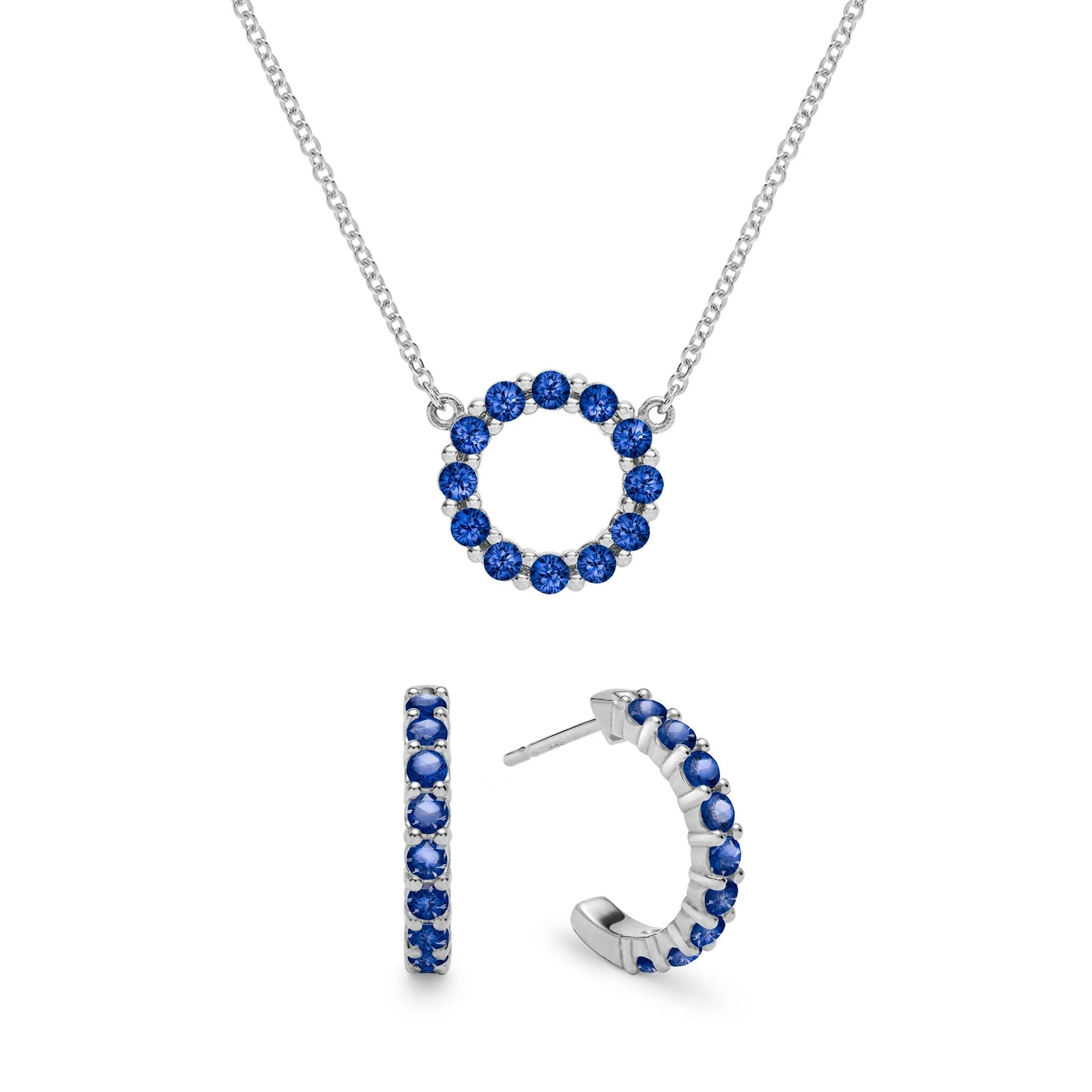 Rosecliff Small Circle Sapphire Necklace and Huggie Hoop Earrings Set in 14k Gold (September) - Image 8