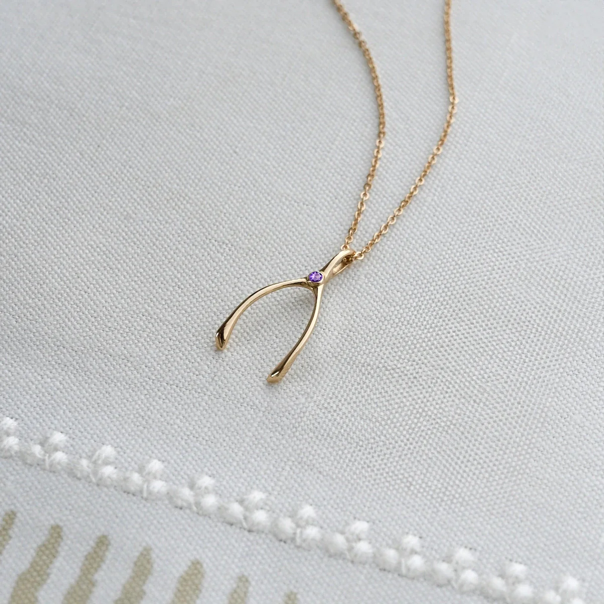 Small Amethyst Wishbone Pendant in Solid 14k Gold (February) - Image 3