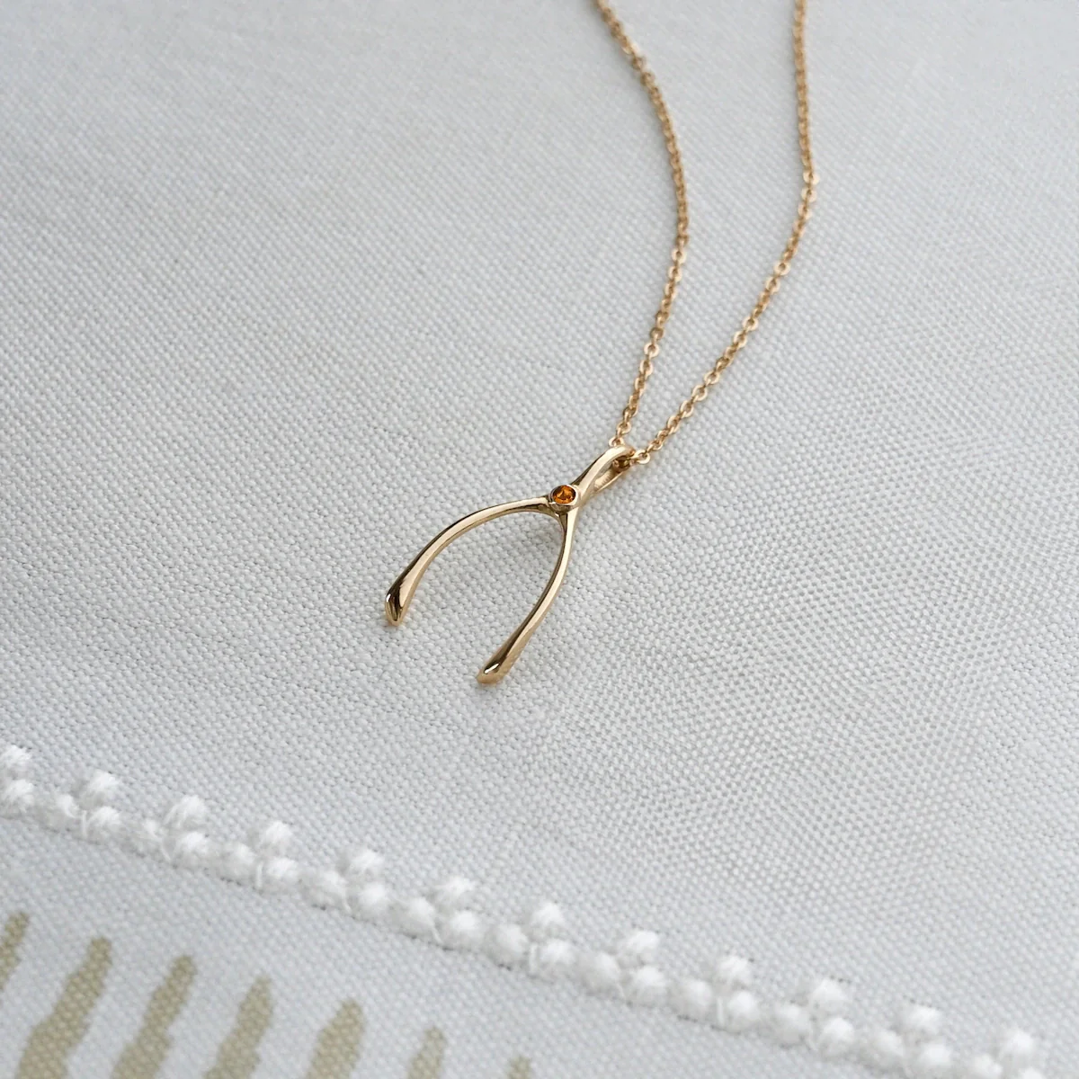 Small Citrine Wishbone Pendant in Solid 14k Gold (November) - Image 3
